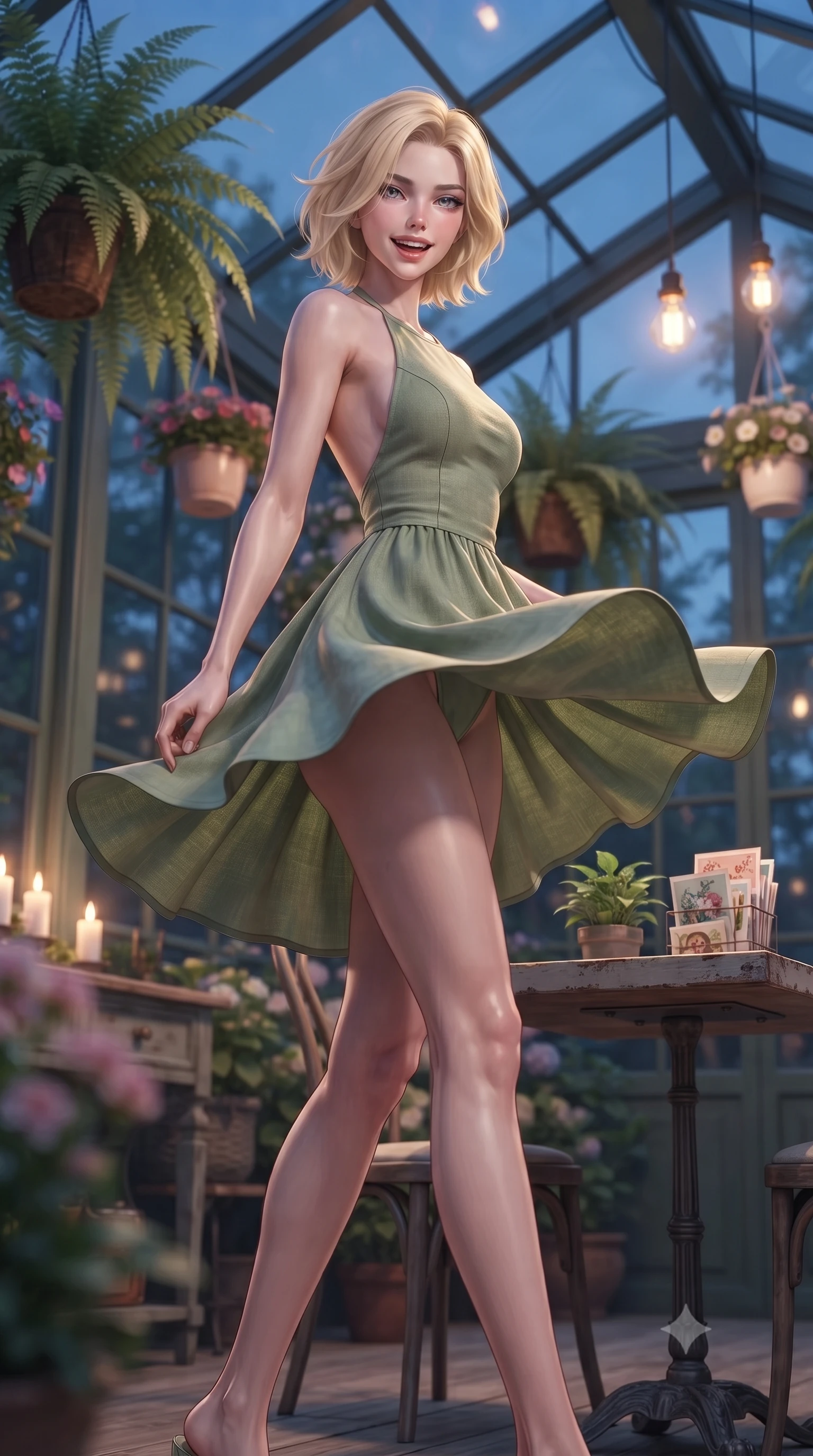 score_9, masterpiece, best quality, ultra-detailed, high-budget anime keyframe, editorial fashion photography, tasteful artistic composition, Caucasian woman. low angle full-body shot from head to toe showing her feet, filling the entire 9:16 vertical frame with her statuesque presence, stretching her vertical silhouette. twirling around with a playful, cute laugh, her skirt billowing beautifully in the air set against a soft-focus background of in a quiet glass-roofed sunroom cafe filled with hanging ferns and flower pots with a small green plant and a stack of cute design postcards on the table. She has an absolutely perfect, statuesque 8.5-heads proportion, an exceptionally tall and slender model-like female figure with impossibly long slender legs and an ultra-slim waist. sharp v-shaped jawline, high-bridge nose, intricate jewel-like eyes with depth, thick eyelashes, glossy lips with a natural sheen. wearing tailored backless linen halter dress in sage green, showing her elegant shoulder lines. soft candle glow and warm pendant lights clashing with the cool blue dusk sky. highly saturated vibrant anime colors, detailed shading with soft gradients, rich glossy textures, high-contrast stereoscopic depth, volumetric dynamic lighting, master piece, 9:16 ratio