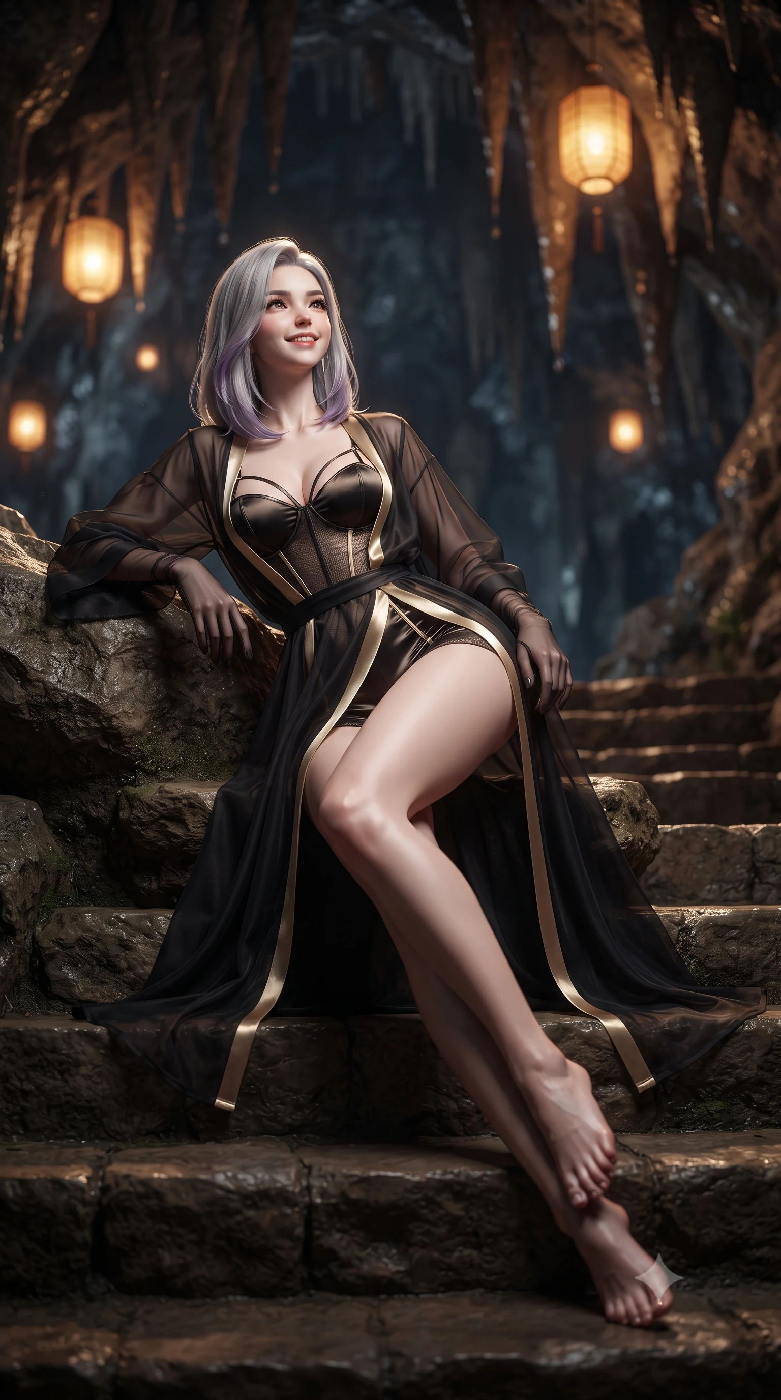 score_9, masterpiece, best quality, ultra-detailed, high-budget anime keyframe, editorial fashion photography, tasteful artistic composition, Caucasian woman. low angle full-body shot from head to toe showing her feet, filling the entire 9:16 vertical frame with her statuesque presence, stretching her vertical silhouette. sitting poised on the stone steps with one knee bent, arching her spine with supermodel elegance as she glances upward through thick eyelashes while lounging back into the natural rock seat propped on one elbow with legs extended, her statuesque hourglass silhouette commanding the grotto. The background shows a soft-focus glistening dark cavern rock walls, dripping mineral stalactites, and amber paper lanterns suspended from rock ceilings blurred into honey, bronze, and obsidian bokeh. She has an exceptionally tall and slender model-like 8.5-heads proportion, an ultra-slim waist, a flat toned midriff, narrow delicate ribcage, and beautifully sculpted feminine hips creating a graceful, slim hourglass silhouette without any bulky heaviness, with impossibly long slender legs. sharp v-shaped jawline, high-bridge nose, intricate jewel-like sparkling eyes with depth, thick eyelashes, glossy parted lips with a natural peach sheen, bright cheerful beaming smile with an enchanting and coquettish sensual glint, exuding both youthful cute charm and seductive allure, flawlessly proportioned anatomical accuracy, strict slender model proportions, natural body alignment, perfectly sculpted long slender limbs, ultra-slim waistline, clean dynamic posture without body distortion. wearing a translucent gossamer silk robe with wide kimono sleeves worn open over a strappy satin demi-bustier and micro-shorts in deep midnight obsidian black and liquid champagne gold, woven from fine semi-opaque stretch illusion mesh tracing her slender contours, complemented by sheer opera-length evening gloves tracing her slender arms, the high-slit wrap tailoring accentuating her ultra-slim waistline and the enchanting curve of her feminine hips with alluring seductive charm. illuminated by thermal spring caustics bounce and sharp flame-gold rim lights sculpting her jawline, narrow waist, and curvy hips. ultra-reflective glossy finish, specular highlights, rich textural contrasts, high-contrast stereoscopic depth, volumetric dynamic lighting, 2k, ultra detail, master piece, 9:16 ratio