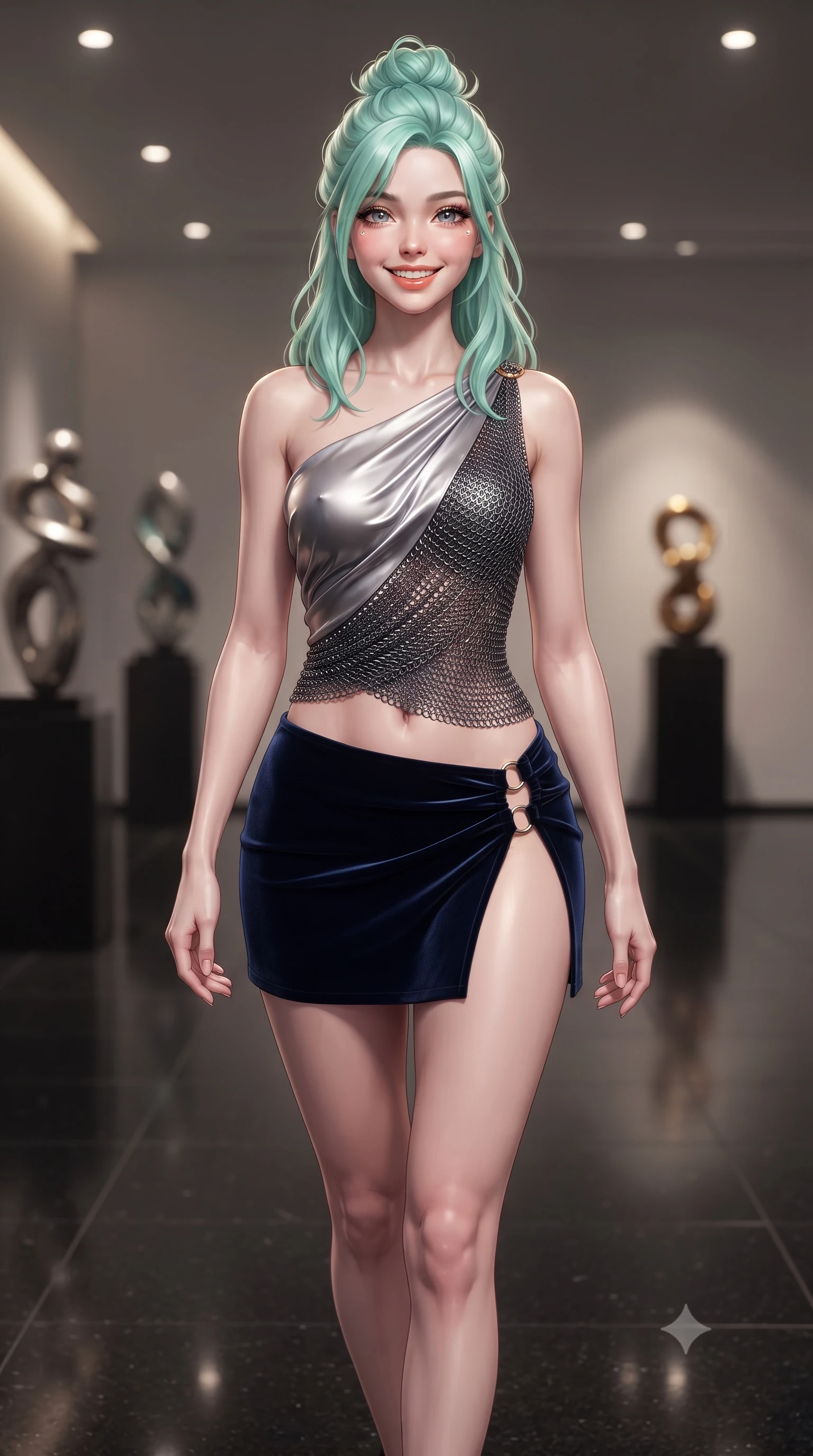 score_9, masterpiece, best quality, ultra-detailed, high-budget anime keyframe, editorial fashion photography, tasteful artistic composition, Japanese woman. close-up cowboy shot from the waist and thighs up, the character dominates the composition, filling the frame with her large presence. perched sideways on the lounge seat, one knee drawn up to showcase her slender leg line while her arched back accentuates her feminine hip curve while walking slowly across the polished black granite floor with confident model strides, her high-slit dress revealing her slender legs. The background shows a soft-focus modern art sculptures in the gallery softened in billionaire penthouse collector shallow focus. She has an exceptionally elegant, slender, and willowy female figure with an ultra-slim waist, flat toned midriff, narrow ribcage, and sculpted feminine hips creating an alluring, slim hourglass silhouette without bulk. sharp v-shaped jawline, high-bridge nose, intricate jewel-like sparkling eyes with depth, thick eyelashes, glossy parted lips with a natural peach sheen, bright cheerful beaming smile with an enchanting and coquettish sensual glint, exuding both youthful cute charm and seductive allure, flawlessly proportioned anatomical accuracy, strict slender model proportions, natural body alignment, perfectly sculpted long slender limbs, ultra-slim waistline, clean dynamic posture without body distortion. wearing an asymmetric one-shoulder metallic chainmail crop top paired with an ultra-low-rise velvet mini skirt in deep midnight navy and liquid starlight chrome, crafted from fluid liquid silk satin that clings smoothly to her narrow waist and rounded hips with a dewy sheen, finished with fine gold ring clasps securing the daring side openings along her hip line, the liquid-tight tailored fabric clinging flawlessly to her narrow waist and rounded feminine hips, emphasizing every millimeter of her sculpted slim hourglass curves without any bulky heaviness. illuminated by gallery recessed downlights and crisp amber-gold rim lights defining her dewy collarbones, narrow waist, and curvy hips. ultra-reflective glossy finish, specular highlights, rich textural contrasts, high-contrast stereoscopic depth, volumetric dynamic lighting, 2k, ultra detail, master piece, 9:16 ratio