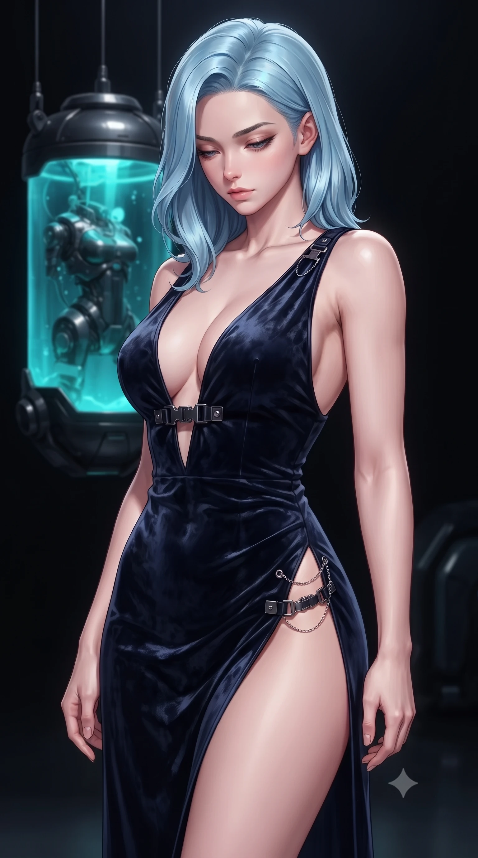 score_9, masterpiece, best quality, ultra-detailed, high-budget anime keyframe, editorial fashion photography, tasteful artistic composition, Korean woman. close-up cowboy shot from the waist and thighs up, the character dominates the composition, filling the frame with her large presence, background elements kept in soft focus. Looking down with lowered lashes and a composed, powerful dark aura, standing before a suspended dark glass stasis pod filled with glowing cyan fluid, sleek dark metallic machinery in soft pitch-black background focus. She has an exceptionally elegant, slender, and willowy female figure with an ultra-slim waist, a gracefully sculpted slender torso, and a refined silhouette. sharp v-shaped jawline, high-bridge nose, intricate jewel-like eyes with depth, thick eyelashes, glossy lips with a natural sheen. wearing deep plunging V-neckline midnight gown with daring high thigh slit in midnight navy blue, made of crushed dark silk velvet, framed by dark titanium buckles and silver chain details, the fitted fabric emphasizing her ultra-slim waist. lit by dramatic key light emerging from deep carbon fiber shadows. highly saturated vibrant anime colors, detailed shading with soft gradients, rich glossy textures, high-contrast stereoscopic depth, volumetric dynamic lighting, master piece, 9:16 ratio