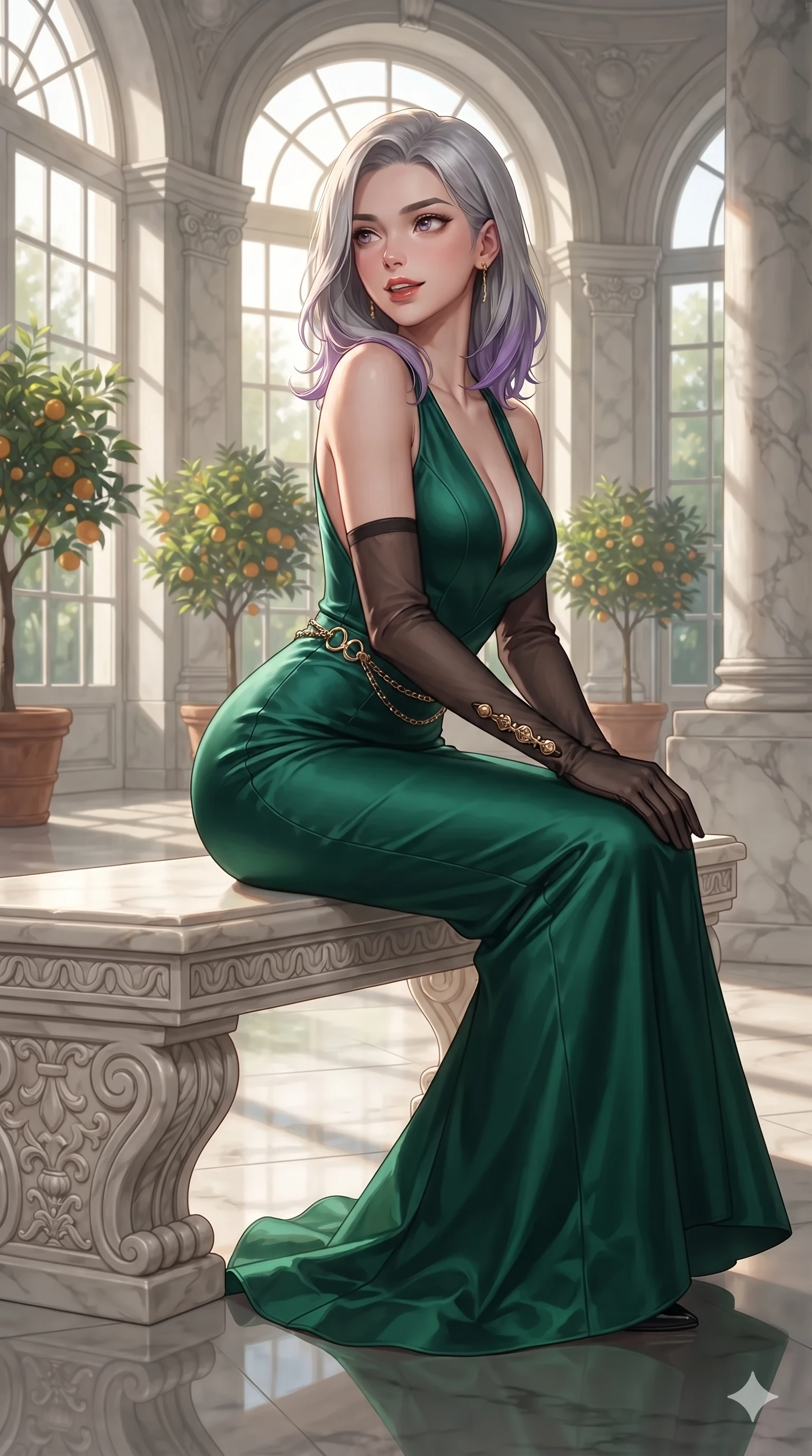 score_9, masterpiece, best quality, ultra-detailed, high-budget anime keyframe, editorial fashion photography, tasteful artistic composition, Caucasian woman. close-up cowboy shot from the waist and thighs up, the character dominates the composition, filling the frame with her large presence. twisting her slender torso in a deep contrapposto stance, hips dramatically shifted to accentuate her feminine curves while looking past her shoulder with smoldering bedroom-eyes while sitting gracefully on the carved marble bench with legs crossed, flashing an enchanting smile with parted glossy lips. The surrounding environment is rendered in vivid detail and crisp panoramic clarity: detailed semi-translucent wrap dress tailoring, delicate gold chain accents, and neoclassical orangerie architecture in razor-sharp clarity. She has an exceptionally elegant, slender, and willowy female figure with an ultra-slim waist, flat toned midriff, narrow ribcage, and sculpted feminine hips creating an alluring, slim hourglass silhouette without bulk. sharp v-shaped jawline, high-bridge nose, intricate jewel-like sparkling eyes with depth, thick eyelashes, glossy parted lips with a natural sheen, intensely captivating and seductive bedroom-eyes expression, exuding both youthful cute charm and sovereign luxury allure, flawlessly proportioned anatomical accuracy, strict slender model proportions, natural body alignment, perfectly sculpted long slender limbs, ultra-slim waistline, clean dynamic posture without body distortion. wearing a sculpted liquid-satin mermaid gown tailored with contouring seams that adhere flawlessly over her curves in deep emerald green satin and gold hardware accents, made of fluid liquid jersey with seamless sculpting hold and smooth contours, complemented by sheer opera-length evening gloves tracing her slender arms, the impeccably tailored cut draping gracefully along her slender figure with aristocratic poise. illuminated by polished limestone floor reflections and sharp emerald-gold rim lights sculpting her razor-sharp jawline, narrow waist, and curvy hips. ultra-reflective glossy finish, specular highlights, rich textural contrasts, high-contrast stereoscopic depth, volumetric dynamic lighting, 2k, ultra detail, master piece, 9:16 ratio