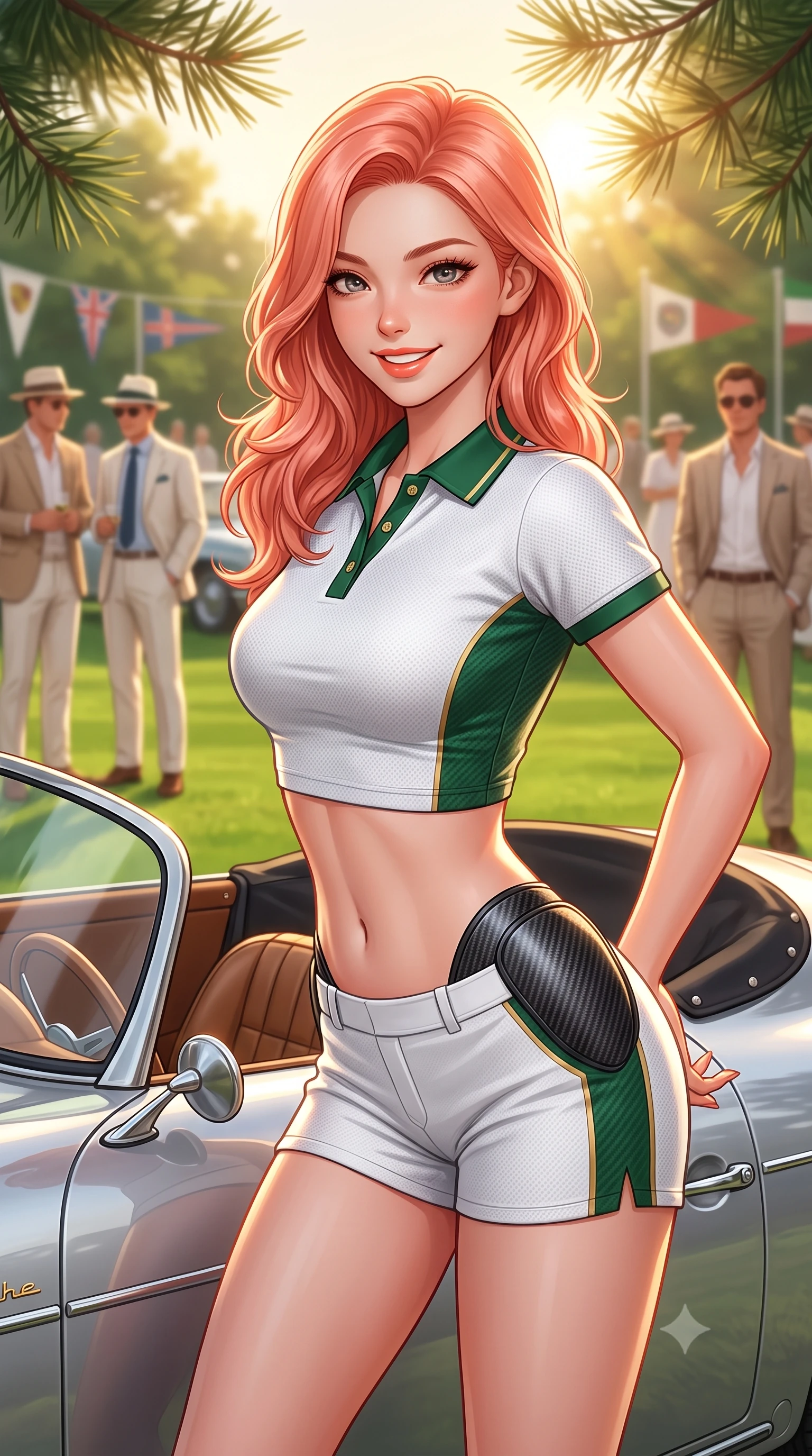 score_9, masterpiece, best quality, ultra-detailed, high-budget anime keyframe, semi-realistic 3D game render, editorial fashion photography, tasteful artistic composition, Japanese woman. close-up cowboy shot from the waist and thighs up, the character dominates the composition, filling the frame with her large presence. resting both hands lightly behind her back while leaning toward the lens with a cheerful, teasing grin, her form-fitting athletic suit hugging her narrow waist and hip curve while standing beside the tiny windshield of a classic silver Porsche 356 Speedster on the green polo lawn, arching her back with effortless French chic. The background shows a soft-focus chic spectators in linen suits and vintage sports car club pennants softened in glamorous Provençal shallow focus. She has an exceptionally elegant, slender, and willowy female figure with an ultra-slim waist, flat toned midriff, narrow ribcage, and sculpted feminine hips creating an alluring, slim hourglass silhouette without bulk. sharp v-shaped jawline, high-bridge nose, sparkling eyes with athletic focus and depth, thick curled eyelashes, glossy parted lips with a natural coral-peach sheen, bright confident and coquettish smile with alluring bedroom-eyes, exuding both youthful sporty vigor and sovereign high-society glamour, flawlessly proportioned anatomical accuracy, strict slender model proportions, natural body alignment, perfectly sculpted long slender limbs, ultra-slim waistline, clean dynamic posture without body distortion. wearing a sleek piqué-knit tennis polo crop top with contrasting collar piping paired with low-rise white racing hot-pants in crisp Wimbledon white and British racing green with gold accents, tailored from lightweight aerodynamic carbon-fiber composite with structured weave, accented with sleek aerodynamic carbon-fiber hip pads framing her narrow waist, the glove-like aerodynamic silhouette tightly following the natural contour of her hips and long slender legs with youthful 8.5-heads elegance. bathed in horizontal late-afternoon golden hour sunbeams filtering through pine needles. highly saturated vibrant anime colors, detailed shading with soft gradients, rich glossy textures, high-contrast stereoscopic depth, volumetric dynamic lighting, master piece, 9:16 ratio