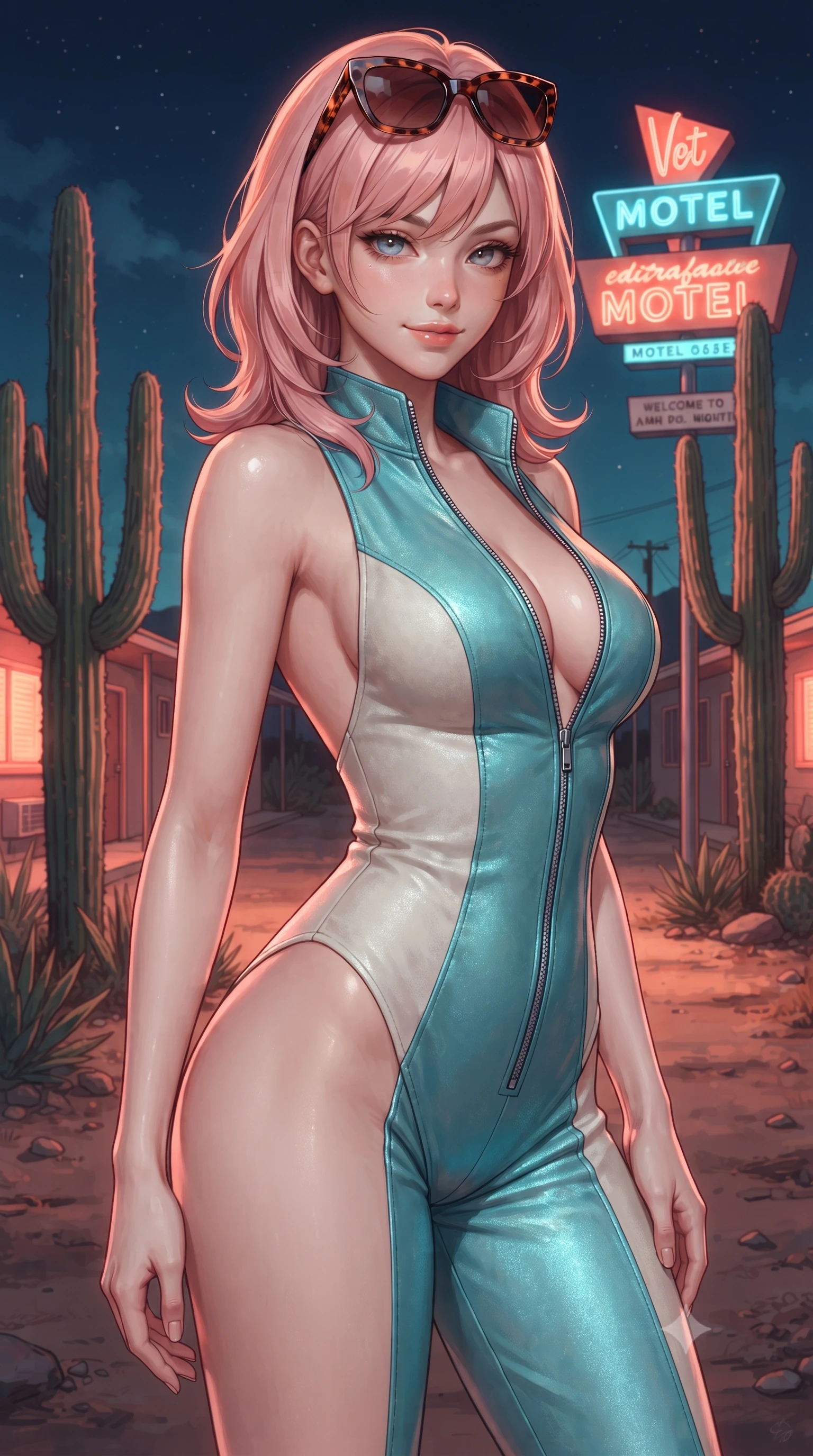 score_9, masterpiece, best quality, ultra-detailed, high-budget anime keyframe, editorial fashion photography, tasteful artistic composition, Japanese woman. close-up cowboy shot from the waist and thighs up, the character dominates the composition, filling the frame with her large presence. tilting her head with a teasing half-smile, running one hand slowly down the side of her hip in a flirtatious S-curve as ambient light caresses her silhouette while twisting her slender torso in an alluring contrapposto stance, warm desert night air rustling the towering saguaro cacti behind her. The surrounding environment is rendered in vivid detail and crisp panoramic clarity: detailed wet-look swimsuit cling, glossy lip sheen, and mid-century motel architecture in high resolution. She has an exceptionally elegant, slender, and willowy female figure with an ultra-slim waist, flat toned midriff, narrow ribcage, and sculpted feminine hips creating an alluring, slim hourglass silhouette without bulk. sharp v-shaped jawline, high-bridge nose, sparkling eyes with hypnotic seductive depth, thick curled eyelashes, glossy parted lips with a natural dewy peach sheen, alluring bedroom-eyes with an enchanting coquettish smile, exuding magnetic siren charisma and sophisticated glamour, flawlessly proportioned anatomical accuracy, strict slender model proportions, natural body alignment, perfectly sculpted long slender limbs, ultra-slim waistline, clean dynamic posture without body distortion. wearing a backless plunge-front second-skin leatherette biker jumpsuit with zip front and high-cut leg openings in shimmering turquoise aqua and pure pearl alabaster, tailored from ultra-soft distressed suede with velvety hand-feel and rich shadow depth, complemented by oversized designer tortoiseshell sunglasses resting atop her head, the second-skin tailored fabric adhering flawlessly to her sculpted flat midriff and slender torso, emphasizing her long leg lines and perfectly proportioned willowy build. bathed in glowing neon coral-and-cyan light radiating from the vintage roadside motel sign. ultra-reflective glossy finish, specular highlights, rich textural contrasts, high-contrast stereoscopic depth, volumetric dynamic lighting, 2k, ultra detail, master piece, 9:16 ratio