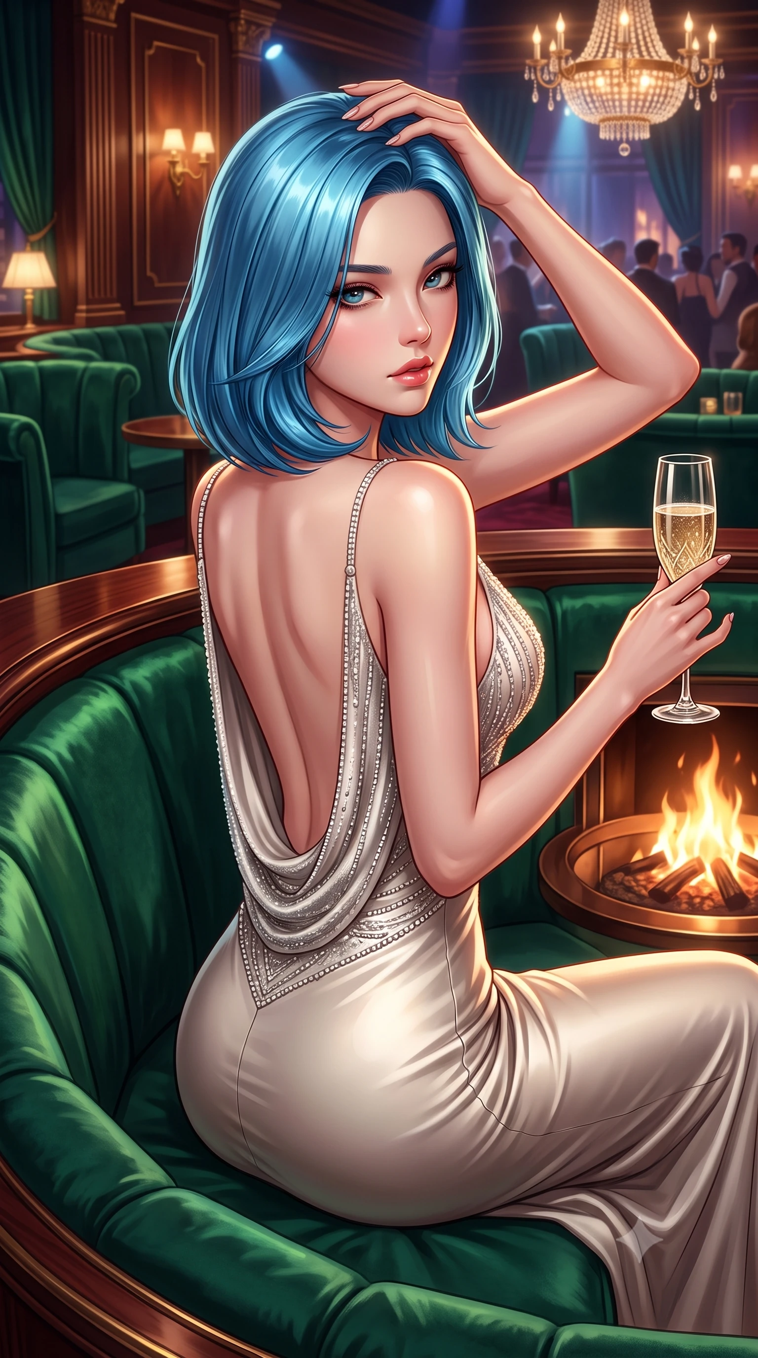 score_9, masterpiece, best quality, ultra-detailed, high-budget anime keyframe, semi-realistic 3D game render, editorial fashion photography, tasteful artistic composition, Korean woman. close-up cowboy shot from the waist and thighs up, the character dominates the composition, filling the frame with her large presence. leaning back with relaxed seductive grace, her sculpted collarbones and narrow waist highlighted as she casts smoldering bedroom-eyes directly into the camera while lounging languidly in a circular VIP booth of emerald velvet, running fingers through her glossy hair as jazz music drifts. The surrounding environment is rendered in vivid detail and crisp panoramic clarity. luxurious vintage chiaroscuro and glamorous Great Gatsby nightlife aesthetics rendered with precision. She has an exceptionally elegant, slender, and willowy female figure with an ultra-slim waist, a gracefully sculpted slender torso, toned flat midriff, and rounded feminine hips creating an alluring hourglass silhouette. sharp v-shaped jawline, high-bridge nose, intricate jewel-like eyes with depth, thick eyelashes, glossy parted lips with a natural sheen, intensely captivating and seductive bedroom-eyes expression, flawlessly proportioned anatomical accuracy, strict slender model proportions, natural body alignment, perfectly sculpted long slender limbs, ultra-slim waistline, clean dynamic posture without body distortion. wearing a beaded champagne slip dress with an ultra-deep cowl back descending to her waistline in shimmering silver mercury and pearl white, tailored from fluid silk crepe with delicate inner corsetry boning, accessorized with a vintage crystal champagne flute held in her manicured hand, the glove-like aerodynamic silhouette tightly following the natural contour of her hips and long slender legs with statuesque precision. illuminated by rich directional firelight sculpting every feminine curve of her slender silhouette. highly saturated vibrant anime colors, detailed shading with soft gradients, rich glossy textures, high-contrast stereoscopic depth, volumetric dynamic lighting, master piece, 9:16 ratio