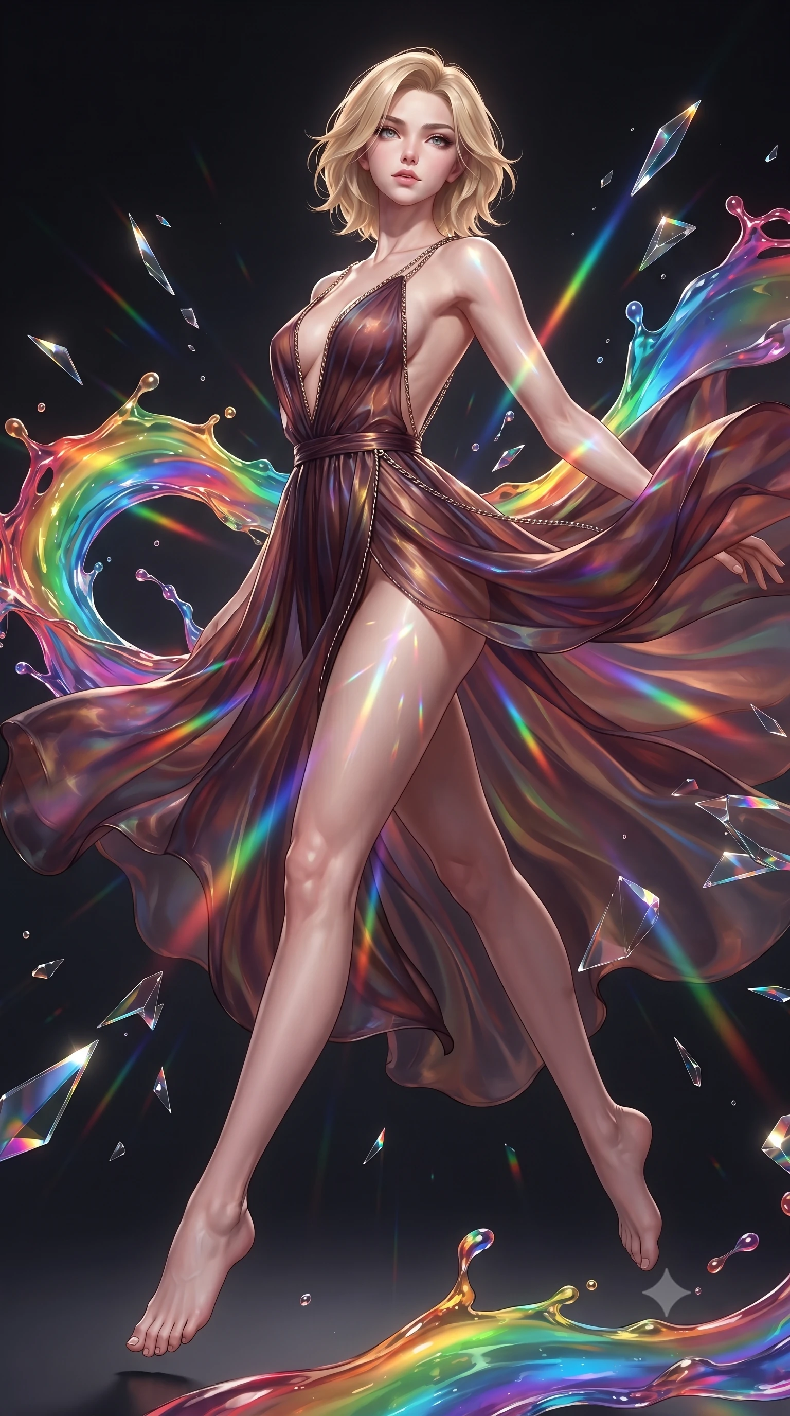 score_9, masterpiece, best quality, ultra-detailed, high-budget anime keyframe, editorial fashion photography, tasteful artistic composition, Caucasian woman. low angle full-body shot from head to toe showing her feet, filling the entire 9:16 vertical frame with her statuesque presence, stretching her vertical silhouette. stepping forward in a proud dynamic stride, her vertical silhouette filling the frame with statuesque presence while performing a dynamic mid-air rotation amidst swirling rainbow liquid acrylic splashes, shattered glass prisms scattering intense rainbow light rays across her athletic build. She has an absolutely perfect, statuesque 8.5-heads proportion, an exceptionally tall and slender model-like female figure with impossibly long slender legs and an ultra-slim waist. sharp v-shaped jawline, high-bridge nose, intricate jewel-like eyes with depth, thick eyelashes, glossy lips with a natural sheen, flawlessly proportioned anatomical accuracy, natural body alignment, perfectly sculpted elegant limbs, clean dynamic posture without body distortion. wearing a translucent iridescent chiffon gown with a plunging neckline and open back in deep burgundy and bronze, crafted from smooth liquid silk, adorned with delicate metallic chain straps along the neckline, the elegant draped fit framing her graceful clavicle and slender torso. illuminated by high-contrast studio spotlights with ultra-bright specular highlights. ultra-reflective glossy finish, specular highlights, metallic sheen, high-contrast stereoscopic depth, volumetric dynamic lighting, 2k, ultra detail, master piece, 9:16 ratio
