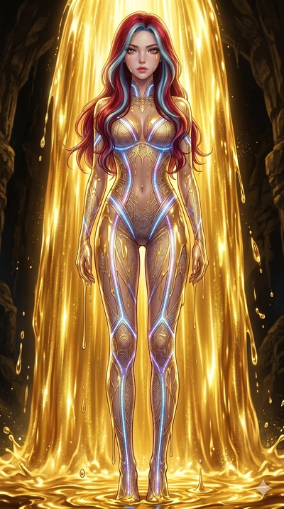 score_9, masterpiece, best quality, ultra-detailed, High-budget Anime Keyframe, East Asian woman. Low angle cowboy shot filling the entire 9:16 frame with her statuesque presence. Scenario 149: Standing under a waterfall of liquid gold, the fluid coa