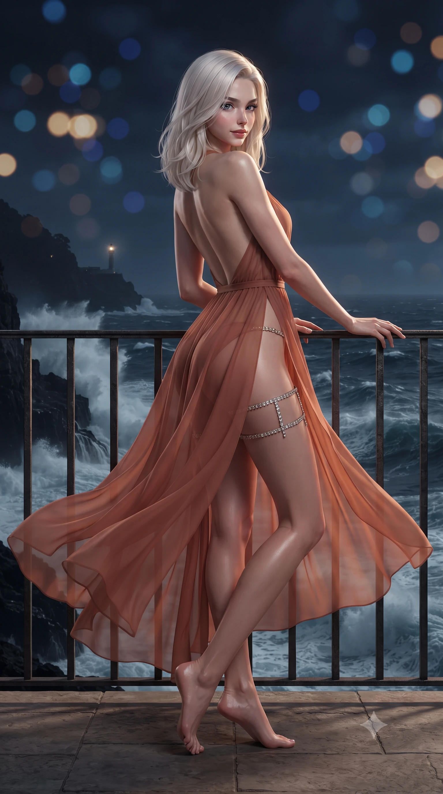 score_9, masterpiece, best quality, ultra-detailed, high-budget anime keyframe, editorial fashion photography, tasteful artistic composition, Caucasian woman. low angle full-body shot from head to toe showing her feet, filling the entire 9:16 vertical frame with her statuesque presence, stretching her vertical silhouette. executing a slow, graceful pivot turn as her skirt sways around her slender legs, glancing back with an enchanting, teasing sensual expression while leaning against the hand-forged iron railing with hips cocked back, casting an intoxicating smoldering bedroom-gaze over the stormy dark sea. The background shows a soft-focus massive foaming ocean breakers crashing against black basalt sea cliffs far below, distant Amalfi lighthouse beacon, and starry night sky blurred into sapphire, diamond, and topaz bokeh. She has an exceptionally tall and slender model-like 8.5-heads proportion, an ultra-slim waist, a flat toned midriff, narrow delicate ribcage, and beautifully sculpted feminine hips creating a graceful, slim hourglass silhouette without any bulky heaviness, with impossibly long slender legs. sharp v-shaped jawline, high-bridge nose, intricate jewel-like sparkling eyes with depth, thick eyelashes, glossy parted lips with a natural peach sheen, bright cheerful beaming smile with an enchanting and coquettish sensual glint, exuding both youthful cute charm and seductive allure, flawlessly proportioned anatomical accuracy, strict slender model proportions, natural body alignment, perfectly sculpted long slender limbs, ultra-slim waistline, clean dynamic posture without body distortion. wearing a backless sheer chiffon peignoir gown with deep side slits clinging softly to her dewy skin in Moroccan terracotta rose and desert sand amber, made of sheer gossamer chiffon that drapes softly against skin with airy translucence, finished with delicate crystal-encrusted thigh garter straps glinting in the dim light, the precision-cut side openings and low-back scoop framing her graceful spine and the sensual sweep of her slim, toned hips. illuminated by sea foam specular reflections and sharp flame-gold rim lights defining her razor-sharp jawline, narrow waist, and curvy hips. ultra-reflective glossy finish, specular highlights, rich textural contrasts, high-contrast stereoscopic depth, volumetric dynamic lighting, 2k, ultra detail, master piece, 9:16 ratio