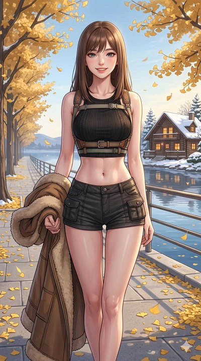 score_9, masterpiece, best quality, ultra-detailed, high-budget anime keyframe, vibrant anime aesthetic, Korean woman. cowboy shot from the thighs up, character and outfit filling the frame for maximum presence. She is holding a warm coat, smiling wa