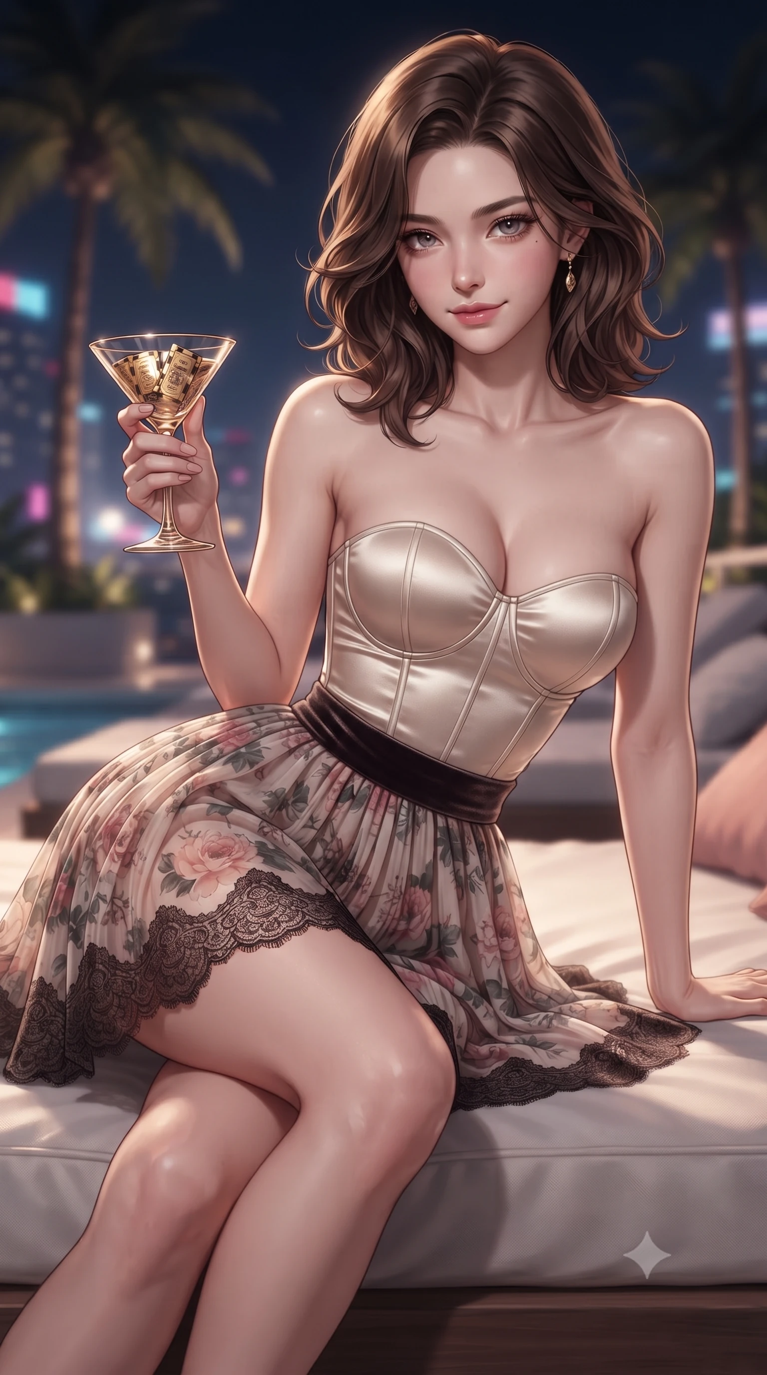 score_9, masterpiece, best quality, ultra-detailed, high-budget anime keyframe, editorial fashion photography, tasteful artistic composition, Korean woman. close-up cowboy shot from the waist and thighs up, the character dominates the composition, filling the frame with her large presence. leaning forward while arching her lower back to accentuate her curvy hips, looking into the camera with an intoxicating smoldering gaze and bedroom-eyes while lounging gracefully on a floating daybed with legs crossed, holding a cocktail with an intoxicating bedroom-gaze. The background shows a soft-focus terrace palm trees softened in glamorous nocturnal resort shallow focus. She has an exceptionally elegant, slender, and willowy female figure with an ultra-slim waist, flat toned midriff, narrow ribcage, and sculpted feminine hips creating an alluring, slim hourglass silhouette without bulk. sharp v-shaped jawline, high-bridge nose, sparkling eyes with hypnotic seductive depth, thick curled eyelashes, glossy parted lips with a natural dewy peach sheen, alluring bedroom-eyes with an enchanting coquettish smile, exuding magnetic siren charisma and sophisticated glamour, flawlessly proportioned anatomical accuracy, strict slender model proportions, natural body alignment, perfectly sculpted long slender limbs, ultra-slim waistline, clean dynamic posture without body distortion. wearing a strapless boned satin bustier paired with an airy micro-pleated floral chiffon skirt framing her hourglass hips in dusky blush rose and antique black chantilly lace, tailored from ultra-plush velvet with rich tactile depth and deep shadow gradients, accented with a stack of engraved gold casino plaques held loosely in one hand, the glove-like clinging cut tightly following the natural contour of her hips and long slender legs with youthful 8.5-heads elegance. illuminated by city neon reflection bounce and sharp platinum-gold rim lights defining her delicate clavicles, narrow waist, and curvy hips. ultra-reflective glossy finish, specular highlights, rich textural contrasts, high-contrast stereoscopic depth, volumetric dynamic lighting, 2k, ultra detail, master piece, 9:16 ratio