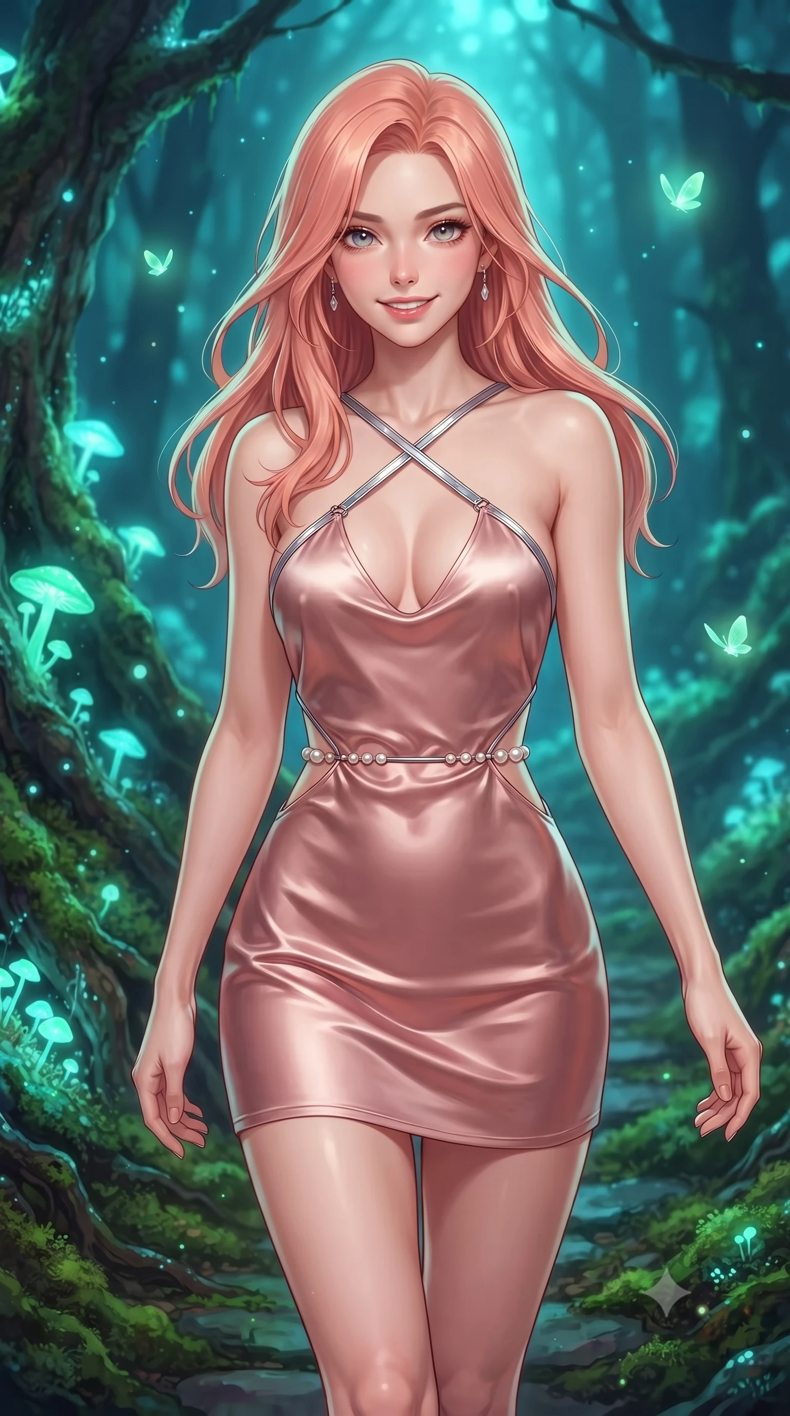 score_9, masterpiece, best quality, ultra-detailed, high-budget anime keyframe, editorial fashion photography, tasteful artistic composition, Japanese woman. close-up cowboy shot from the waist and thighs up, the character dominates the composition, filling the frame with her large presence, background elements kept in soft focus. Smiling with quiet, magnetic self-assurance directly into the camera, walking along a mossy path lit by glowing emerald and cyan fungal networks, glowing fungal spores floating gracefully like soft greenish-blue fireflies. She has an exceptionally elegant, slender, and willowy female figure with an ultra-slim waist, a gracefully sculpted slender torso, and a refined silhouette. sharp v-shaped jawline, high-bridge nose, intricate jewel-like eyes with depth, thick eyelashes, glossy lips with a natural sheen. wearing dramatically scooped backless rose-gold satin mini dress with criss-cross straps in metallic silver, made of soft rose-gold satin, adorned with minimalist pearl hardware framing the waistline, sculpting her athletic slender build with refined precision. illuminated by bioluminescent opal mycelium glow radiating from tree roots. highly saturated vibrant anime colors, detailed shading with soft gradients, rich glossy textures, high-contrast stereoscopic depth, volumetric dynamic lighting, master piece, 9:16 ratio