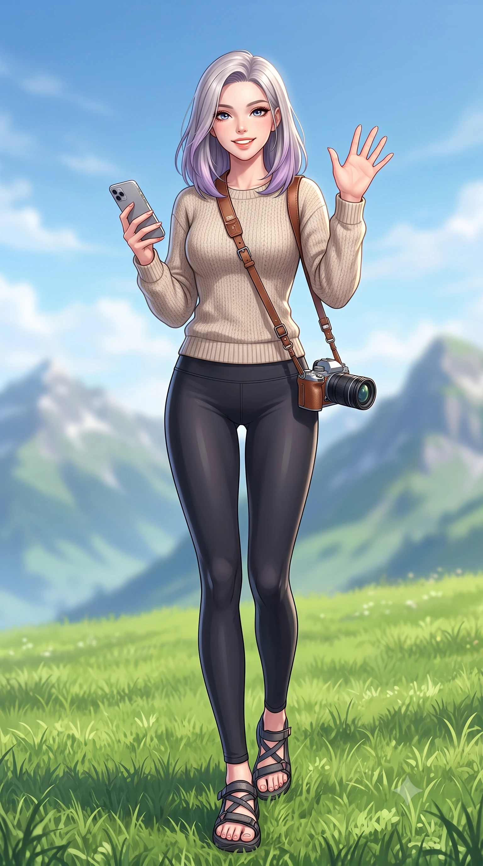 score_9, masterpiece, best quality, ultra-detailed, high-budget anime keyframe, editorial fashion photography, tasteful artistic composition, Caucasian woman. low angle full-body shot from head to toe showing her feet, filling the entire 9:16 vertical frame with her statuesque presence, stretching her vertical silhouette. stepping forward with a bright, cheerful smile, waving happily at the viewer set against a soft-focus background of on a wide grassy meadow high up on a mountain plateau under a blue sky with a camera strap around her neck and a smartphone in her hand. She has an absolutely perfect, statuesque 8.5-heads proportion, an exceptionally tall and slender model-like female figure with impossibly long slender legs and an ultra-slim waist. sharp v-shaped jawline, high-bridge nose, intricate jewel-like eyes with depth, thick eyelashes, glossy lips with a natural sheen. wearing body-hugging cozy knit sweater in oatmeal, paired with activewear pants. soft diffused daylight creating a clean, high-key panoramic glow. highly saturated vibrant anime colors, detailed shading with soft gradients, rich glossy textures, high-contrast stereoscopic depth, volumetric dynamic lighting, master piece, 9:16 ratio
