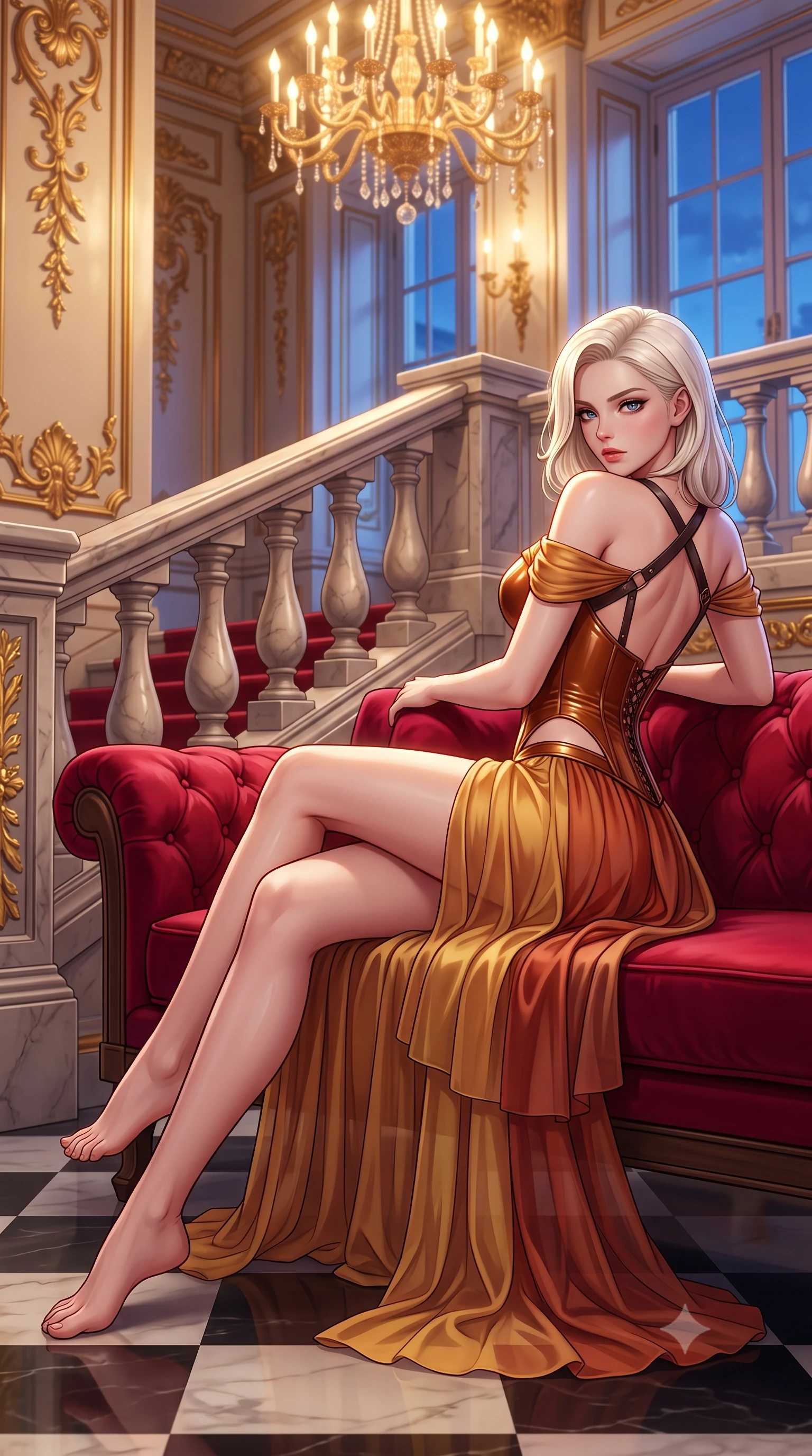 score_9, masterpiece, best quality, ultra-detailed, high-budget anime keyframe, semi-realistic 3D game render, editorial fashion photography, tasteful artistic composition, Caucasian woman. low angle full-body shot from head to toe showing her feet, filling the entire 9:16 vertical frame with her statuesque presence, stretching her vertical silhouette. striding forward in a proud supermodel runway stride, hips swaying in an alluring kinetic rhythm that accentuates her curvy hourglass silhouette while reclining on a plush crimson velvet settee propped on one elbow, her long slender legs and curvy hips commanding the composition. The surrounding environment is rendered in vivid detail and crisp panoramic clarity. sharp carved marble baluster contours, gilded leaf scrollwork, and polished checkerboard floor in deep focus. She has an exceptionally tall and slender model-like 8.5-heads proportion, an ultra-slim waist, a flat toned midriff, narrow delicate ribcage, and beautifully sculpted feminine hips creating a graceful, slim hourglass silhouette without any bulky heaviness, with impossibly long slender legs. sharp v-shaped jawline, high-bridge nose, intricate jewel-like eyes with depth, thick eyelashes, glossy parted lips with a natural sheen, intensely captivating and seductive bedroom-eyes expression, flawlessly proportioned anatomical accuracy, strict slender model proportions, natural body alignment, perfectly sculpted long slender limbs, ultra-slim waistline, clean dynamic posture without body distortion. wearing an off-shoulder French court corset bodice dress paired with a tiered translucent chiffon slit skirt in molten desert gold and burnt terracotta, tailored from second-skin aerodynamic stretch vinyl with specular wet sheen, featuring an open-back criss-cross harness strap in dark leather, the precision-cut side openings and low-back scoop framing her graceful spine and the sensual sweep of her slim, toned hips. bathed in opulent golden chandelier light radiating from the grand foyer and cool blue evening sky fill. highly saturated vibrant anime colors, detailed shading with soft gradients, rich glossy textures, high-contrast stereoscopic depth, volumetric dynamic lighting, master piece, 9:16 ratio