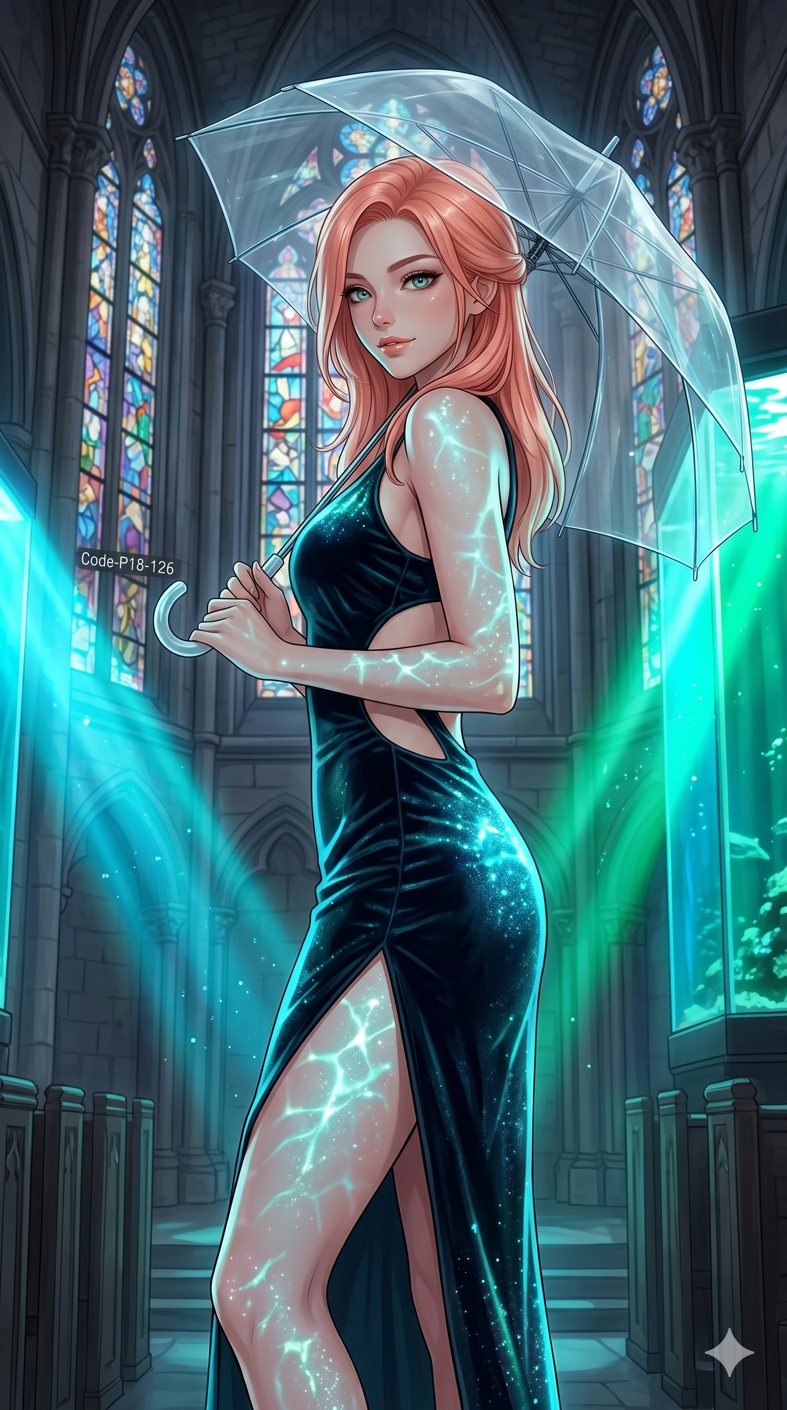 score_9, masterpiece, best quality, ultra-detailed, high-budget anime keyframe, editorial fashion photography, tasteful artistic composition, Japanese woman. cowboy shot from the thighs up, character and outfit filling the frame for maximum editorial presence. holding a translucent umbrella, looking over her shoulder with a composed, magnetic smile in a gothic stone cathedral sanctuary with towering stained-glass windows (Code-P18-126). She has an absolutely perfect 8-heads proportion, an exceptionally tall and slender female figure with impossibly long slender legs and an ultra-slim waist. V-shaped jawline, high-bridge nose, intricate jewel-like eyes with depth, thick eyelashes, glossy lips with a natural sheen. wearing a velvet bodycon dress with elegant slit and side cutouts. cyan and emerald light from the aquarium tanks casting glittering patterns on her skin. 2k, ultra detail, master piece, 9:16 ratio