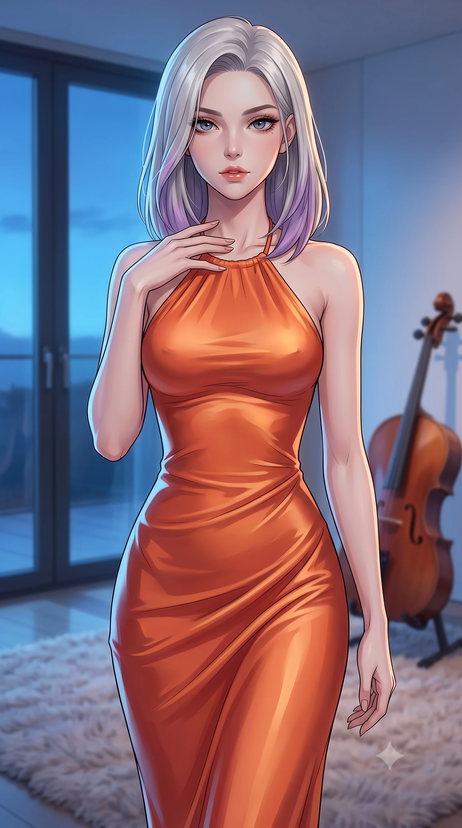 score_9, masterpiece, best quality, ultra-detailed, high-budget anime keyframe, tasteful artistic composition, Caucasian woman. close-up cowboy shot from the waist and thighs up, the character dominates the composition, filling the frame with her large presence, background elements kept in soft focus. standing with one hand resting on her collarbone, looking at the viewer with bedroom-eyes the background shows a soft-focus a modern minimal studio with a cello resting on a plush rug near a glass door. She has an exceptionally elegant, slender, and willowy female figure with an ultra-slim waist, a gracefully sculpted slender torso, and a refined silhouette. sharp v-shaped jawline, high-bridge nose, intricate jewel-like eyes with depth, thick eyelashes, glossy lips with a natural sheen. wearing a slim-fit form-fitting liquid silk halter-neck maxi dress in sunset orange, draped elegantly to highlight her slender frame. cool blue twilight sky glow casting cool highlights on her form. highly saturated vibrant anime colors, cel-shading, 2d style, master piece, 9:16 ratio