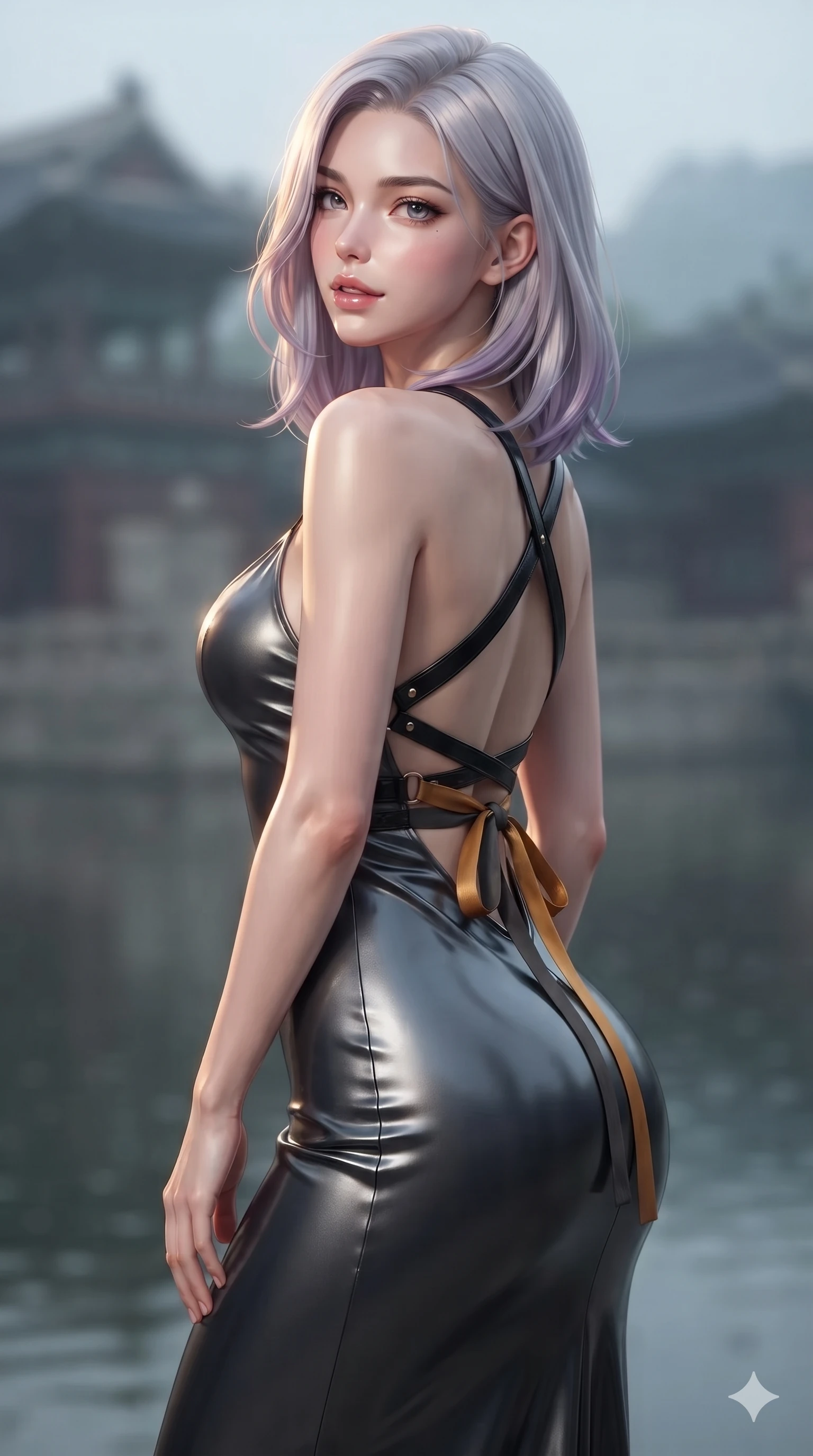score_9, masterpiece, best quality, ultra-detailed, high-budget anime keyframe, editorial fashion photography, tasteful artistic composition, Caucasian woman. close-up cowboy shot from the waist and thighs up, the character dominates the composition, filling the frame with her large presence. posing in an alluring rear three-quarter angle, looking over a bare shoulder with parted glossy lips, her hips cocked back to highlight her slim hourglass curve while twisting her slender torso in an alluring contrapposto stance, shimmering water reflections contouring her waist and hips. The background shows a soft-focus historic royal palace moat softened in atmospheric architectural shallow focus. She has an exceptionally elegant, slender, and willowy female figure with an ultra-slim waist, flat toned midriff, narrow ribcage, and sculpted feminine hips creating an alluring, slim hourglass silhouette without bulk. sharp v-shaped jawline, high-bridge nose, sparkling eyes with hypnotic seductive depth, thick curled eyelashes, glossy parted lips with a natural dewy peach sheen, alluring bedroom-eyes with an enchanting coquettish smile, exuding magnetic siren charisma and sophisticated glamour, flawlessly proportioned anatomical accuracy, strict slender model proportions, natural body alignment, perfectly sculpted long slender limbs, ultra-slim waistline, clean dynamic posture without body distortion. wearing a slinky deep sweetheart-neckline silk slip gown with criss-cross back otgoreum ribbon ties in smoked agarwood charcoal and warm honey amber, made of liquid dark mercury jersey with seamless sculpting hold and fluid drape, featuring an open-back criss-cross harness strap in patent black leather, the form-fitting cut adhering flawlessly to her sculpted flat midriff and slender torso, emphasizing her long leg lines and perfectly proportioned willowy build. illuminated by moat water reflection bounce and sharp gold-cyan rim lights sculpting her razor-sharp jawline, narrow waist, and curvy hips. ultra-reflective glossy finish, specular highlights, rich textural contrasts, high-contrast stereoscopic depth, volumetric dynamic lighting, 2k, ultra detail, master piece, 9:16 ratio