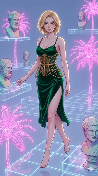 score_9, masterpiece, best quality, ultra-detailed, high-budget anime keyframe, Korean woman. upper body close-up from the thighs up, character filling the screen for maximum presence. drifting through a holographic vaporwave oasis with floating grid
