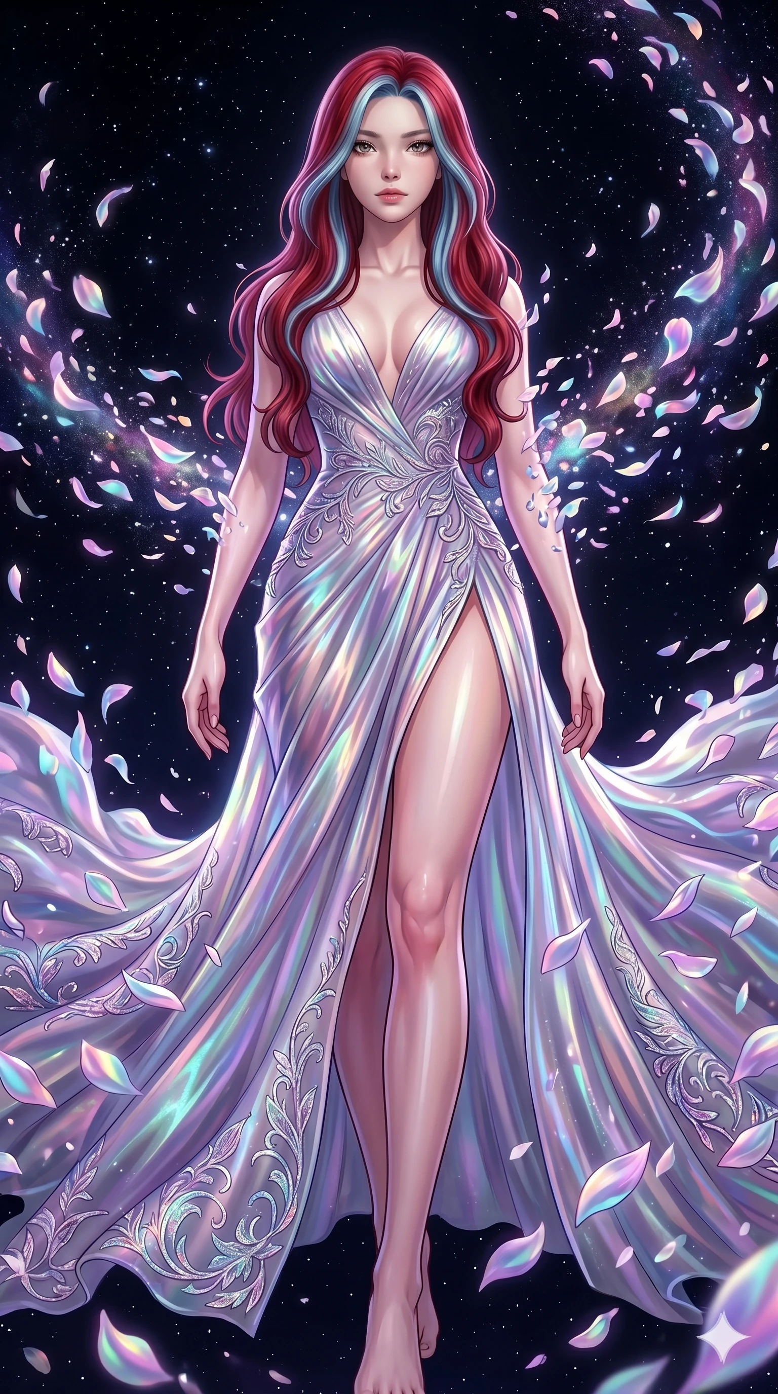 score_9, masterpiece, best quality, ultra-detailed, High-budget Anime Keyframe, East Asian woman. Low angle cowboy shot filling the entire 9:16 frame with her statuesque presence. Scenario 151: Dissolving into a cloud of iridescent silk petals in a void. Her presence is magnetic and overpowering in this high-budget anime scene. Outfit 151: A shimmering chiffon dangerous with a thigh-high slit and wet-look texture. The clothing is designed to emphasize her exceptionally tall and slender 8-heads proportion. 8-heads proportion, towering silhouette, ultra-slim waist. sharp v-shaped jawline, intricate jewel-like eyes with depth, thick eyelashes, glossy lips. 2k, ultra detail, master piece, 9:16 ratio
