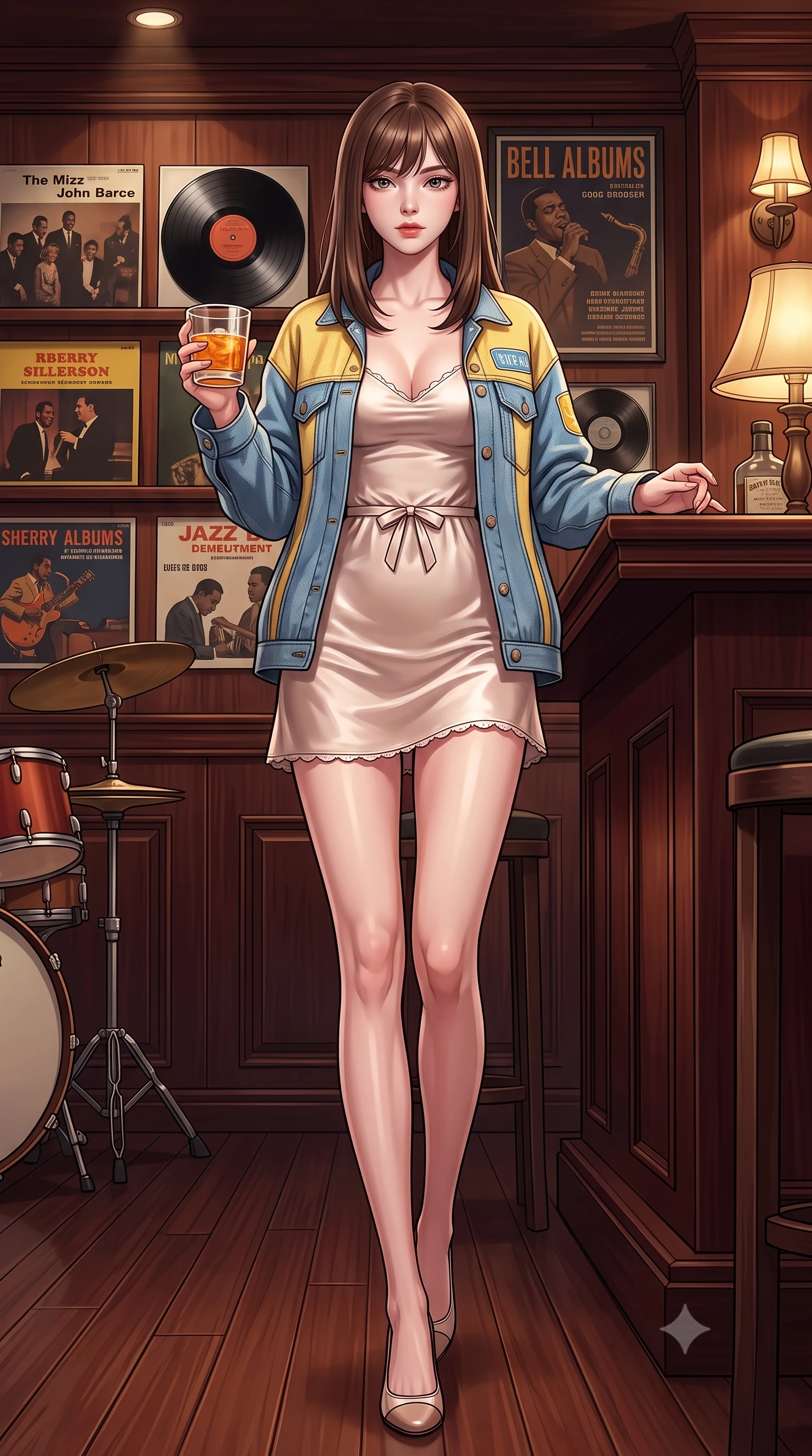 score_9, masterpiece, best quality, ultra-detailed, high-budget anime keyframe, semi-realistic 3D game render, editorial fashion photography, tasteful artistic composition, Korean woman. low angle full-body shot from head to toe showing her feet, filling the entire 9:16 vertical frame with her statuesque presence, stretching her vertical silhouette. striding forward in a proud, dynamic supermodel runway stride, her statuesque vertical silhouette commanding the entire frame while sitting at the dark mahogany bar counter of an intimate jazz lounge, holding an amber drink with relaxed, classy elegance. The surrounding environment is rendered in vivid detail and crisp panoramic clarity. sharp vinyl groove textures, retro album typography, and polished mahogany wood grain in deep focus. She has an absolutely perfect, statuesque 8.5-heads proportion, an exceptionally tall and slender model-like female figure with impossibly long slender legs, a toned flat midriff, and an ultra-slim waist. sharp v-shaped jawline, high-bridge nose, intricate jewel-like eyes with depth, thick eyelashes, glossy lips with a natural sheen, captivating and magnetic expression, flawlessly proportioned anatomical accuracy, strict slender model proportions, natural body alignment, perfectly sculpted long slender limbs, ultra-slim waistline, clean dynamic posture without body distortion. wearing a romantic 90s silk satin slip dress layered under an unbuttoned vintage oversized denim jacket in sunny retro canary yellow and sky blue, tailored from fine British wool tweed and comfortable stretch cotton, finished with a dainty waist ribbon bow and scalloped hemline trims, the precision-cut daring openings accentuating her delicate midriff, graceful bare collarbones, and ultra-slim feminine waistline. surrounded by a classy, soulful, and deeply romantic retro audiophile sweetheart aura. highly saturated vibrant anime colors, detailed shading with soft gradients, rich glossy textures, high-contrast stereoscopic depth, volumetric dynamic lighting, master piece, 9:16 ratio