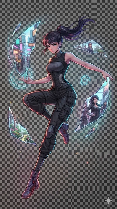 score_9, masterpiece, best quality, ultra-detailed, high-budget anime movie keyframe, cinematic anime lighting, intricate line art, Japanese woman. Mid-air action shot capturing a graceful twist and vertical silhouette. manipulating the reflections i