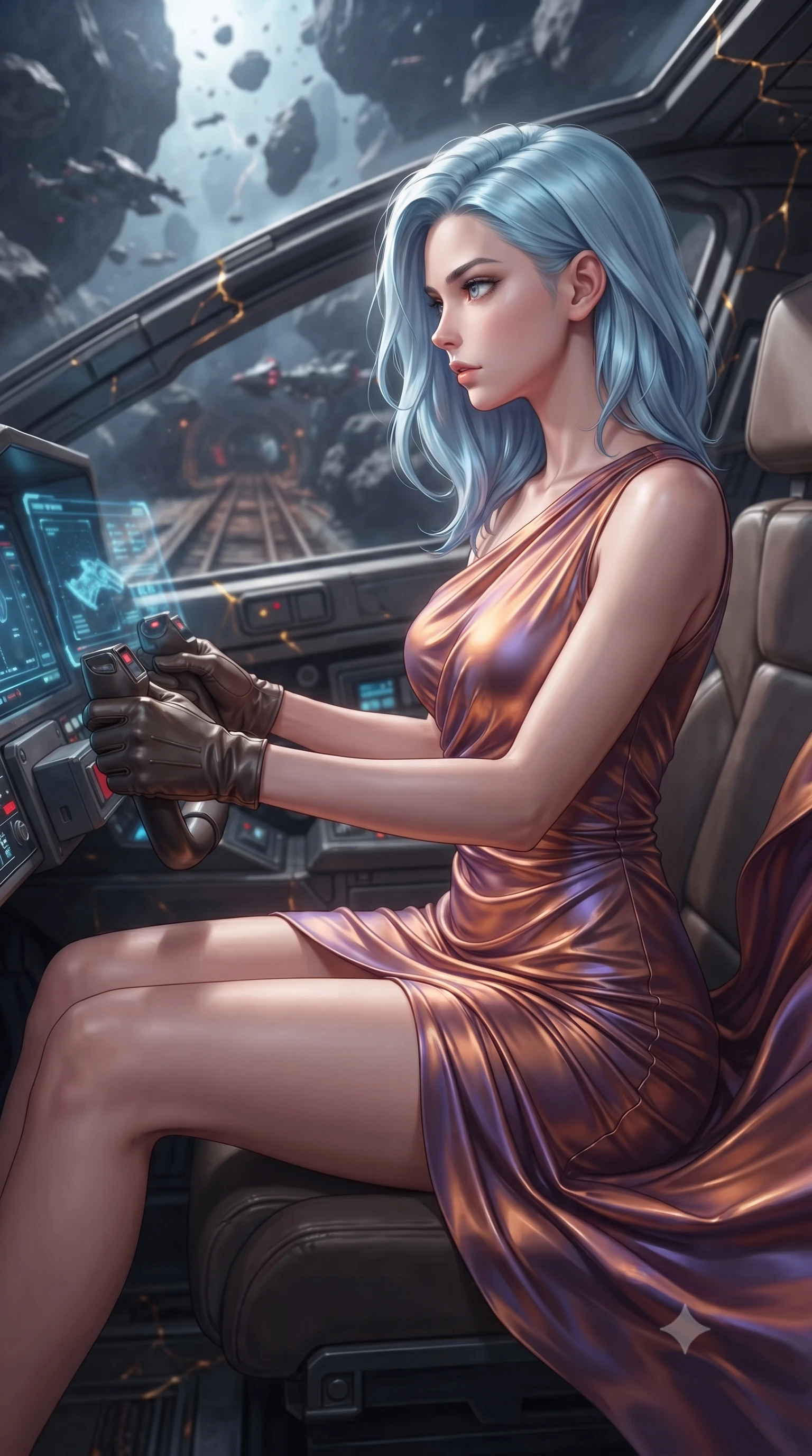 score_9, masterpiece, best quality, ultra-detailed, high-budget anime keyframe, editorial fashion photography, tasteful artistic composition, realistic cosplay photography, Korean woman. close-up cowboy shot from the waist and thighs up, the character dominates the composition, filling the frame with her large presence, background elements kept in soft focus. Piloting a starfighter through a tight asteroid gap, hands tight on the flight yoke, looking sharply left. set against a soft-focus background of a flooded subway tunnel with exposed electrical conduits sparking in the water, rusty train tracks stretching into the dark. She has an exceptionally elegant and slender, willowy female figure with an ultra-slim waist, a gracefully sculpted slender torso, and a refined slim physique. sharp v-shaped jawline, high-bridge nose, intricate jewel-like eyes with depth, thick eyelashes, glossy lips with a natural sheen. wearing the lightweight fabric rippling and billowing dramatically with her movement, a slim-fit draped jersey dress in a shifting copper and violet gradient, the fluid fabric clinging to her slender waist with every movement. glowing kintsugi gold light radiating from cracks in the environment creating a majestic inner glow. ultra-reflective glossy finish, specular highlights, metallic sheen, high-contrast stereoscopic depth, volumetric dynamic lighting, 2k, ultra detail, master piece, 9:16 ratio
