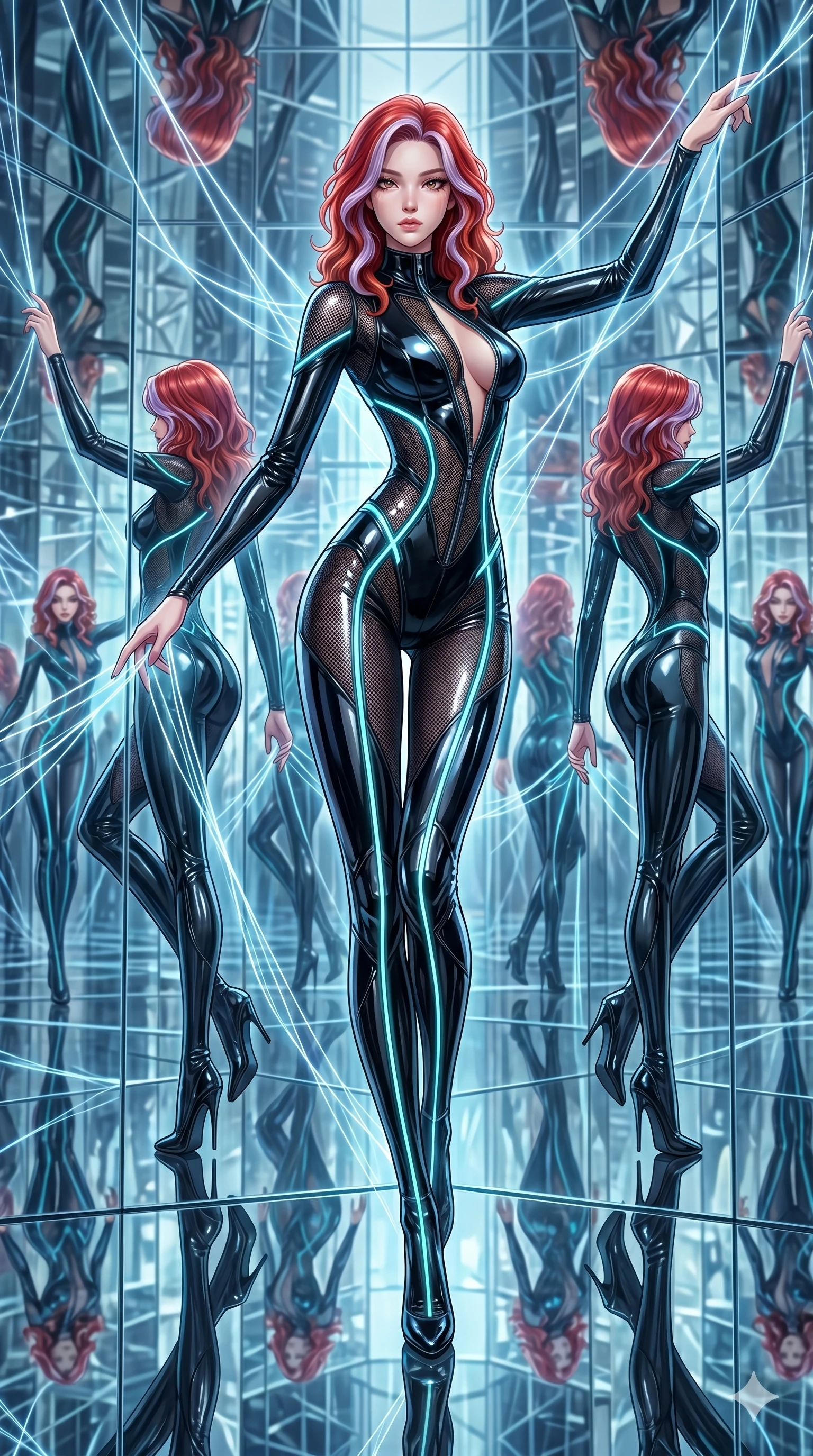 score_9, masterpiece, best quality, ultra-detailed, High-budget Anime Keyframe, East Asian woman. Dynamic full-body shot stretching the vertical silhouette to the limit. Scenario 86: Suspended by invisible silk threads in a hall of mirrors. Her presence is magnetic and overpowering in this high-budget anime scene. Outfit 86: A patent leather mesh with a unzipped detail and glowing LED seams. The clothing is designed to emphasize her exceptionally tall and slender 8-heads proportion. 8-heads proportion, towering silhouette, ultra-slim waist. sharp v-shaped jawline, intricate jewel-like eyes with depth, thick eyelashes, glossy lips. 2k, ultra detail, master piece, 9:16 ratio