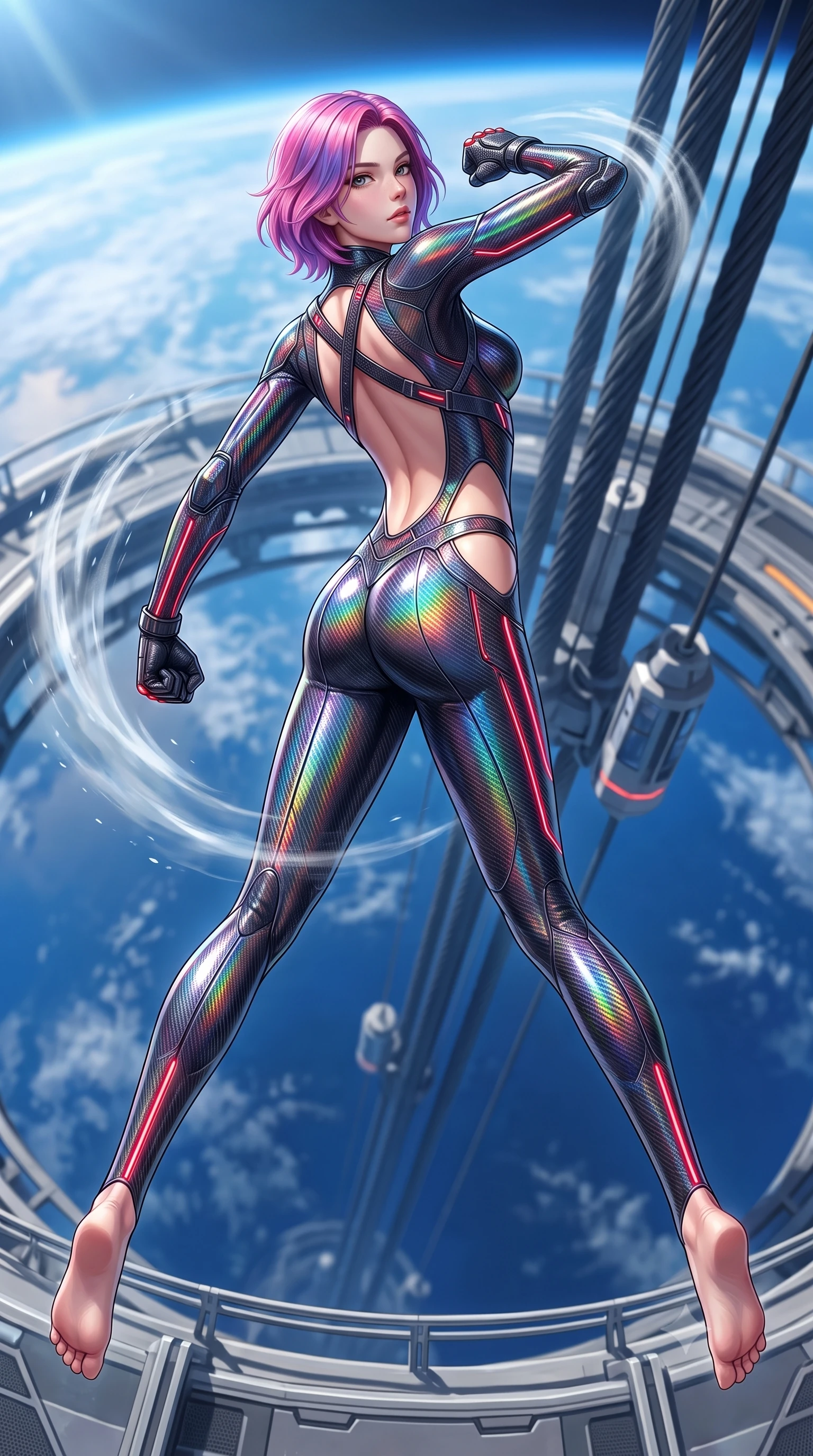 score_9, masterpiece, best quality, ultra-detailed, high-budget anime keyframe, semi-realistic 3D game render, editorial fashion photography, tasteful artistic composition, Caucasian woman. low angle full-body shot from head to toe showing her feet, filling the entire 9:16 vertical frame with her statuesque presence, stretching her vertical silhouette. leaping into mid-air with an athletic yet alluring arch of her spine, driving a downward kinetic strike surrounded by a ring of displaced air while executing a high-speed kinetic parry and pivot on the open-air gantry of a space elevator ring 100 kilometers above Earth. The composition keeps background elements in soft focus with creamy bokeh. massive space elevator cable arrays and transit pods softened in smooth atmospheric depth. She has an absolutely perfect, statuesque 8.5-heads proportion, an exceptionally tall and slender model-like female figure with impossibly long slender legs, a toned flat midriff, and an ultra-slim waist. sharp v-shaped jawline, high-bridge nose, intricate jewel-like eyes with depth, thick eyelashes, glossy lips with a natural sheen, flawlessly proportioned anatomical accuracy, strict slender model proportions, natural body alignment, perfectly sculpted long slender limbs, ultra-slim waistline, clean dynamic posture without body distortion. wearing a second-skin dark gunmetal carbon-weave battle-suit with crimson laser conduits and high-frequency knuckle strike plates in high-gloss iridescent rainbow carbon with prism holographic sheen, crafted from semi-translucent cybernetic carbon-vinyl interwoven with glowing micro-filaments, complemented by criss-cross back harness straps highlighting her completely bare spine, the precision-cut daring openings accentuating her delicate midriff, graceful bare collarbones, and ultra-slim feminine waistline. bathed in dazzling high-noon orbital sunlight and rich blue Earth ambient bounce light. rich saturated anime colors with glowing neon highlights, detailed shading with soft gradients, rich glossy textures, high-contrast stereoscopic depth, volumetric dynamic lighting, master piece, 9:16 ratio