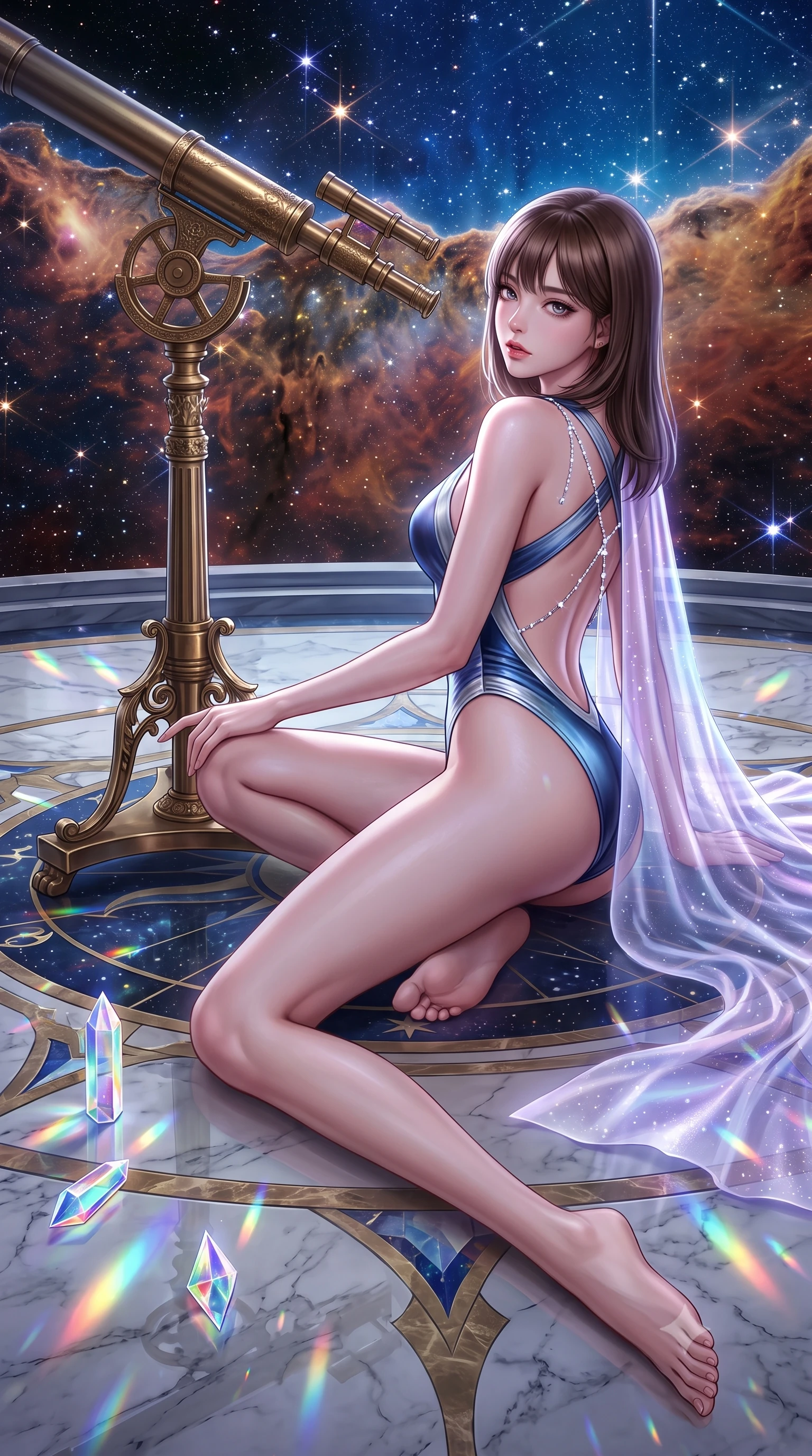 score_9, masterpiece, best quality, ultra-detailed, high-budget anime keyframe, semi-realistic 3D game render, editorial fashion photography, tasteful artistic composition, Korean woman. low angle full-body shot from head to toe showing her feet, filling the entire 9:16 vertical frame with her statuesque presence, stretching her vertical silhouette. reclining on her side in an elegant Cleopatra pose with one knee drawn up, the dramatic contour of her rounded hips and long slender legs commanding the 9:16 vertical frame while crouching gracefully beside the brass telescope mount, looking back with parted glossy lips as galactic starlight washes over her curves. The surrounding environment is rendered in vivid detail and crisp panoramic clarity. detailed deep-space nebula filaments, crystal prism reflections, and marble floor inlay in high clarity. She has an absolutely perfect, statuesque 8.5-heads proportion, an exceptionally tall and slender model-like female figure with impossibly long slender legs, a toned flat midriff, an ultra-slim waist, and beautifully sculpted feminine hips. sharp v-shaped jawline, high-bridge nose, intricate jewel-like eyes with depth, thick eyelashes, glossy parted lips with a natural sheen, intensely captivating and seductive bedroom-eyes expression, flawlessly proportioned anatomical accuracy, strict slender model proportions, natural body alignment, perfectly sculpted long slender limbs, ultra-slim waistline, clean dynamic posture without body distortion. wearing a modern cosmos monokini with crossed chest straps and high-hip cut, layered under a stardust cape in ethereal lilac mist and celestial silver, made of liquid silk jersey adhering flawlessly to her slender build, accented with a glittering crystal constellation back chain tracing her bare spine, the glove-like aerodynamic silhouette tightly following the natural contour of her hips and long slender legs with statuesque precision. illuminated by starlight edge lights carving her slender waist, bare collarbones, and feminine hip line. highly saturated vibrant anime colors, detailed shading with soft gradients, rich glossy textures, high-contrast stereoscopic depth, volumetric dynamic lighting, master piece, 9:16 ratio