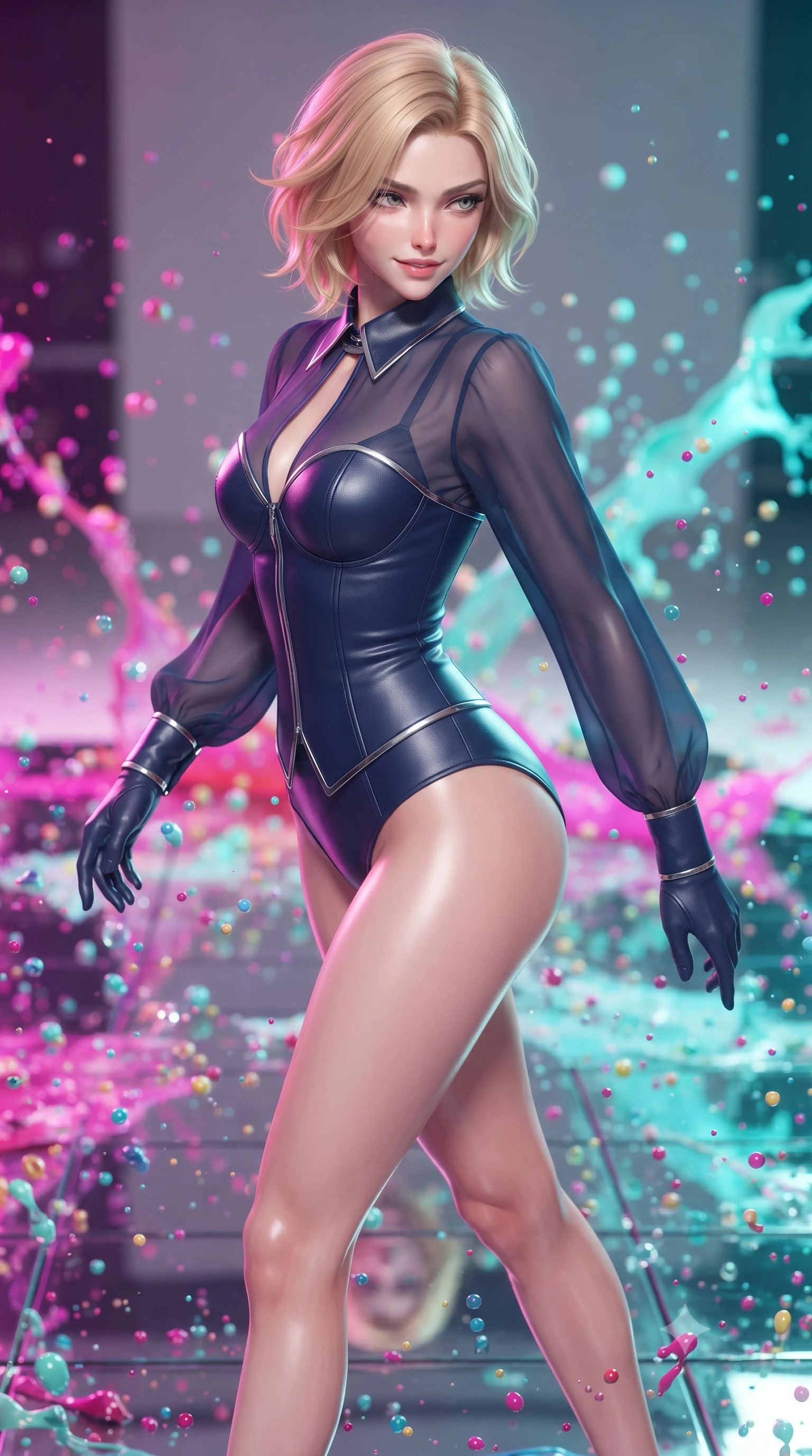 score_9, masterpiece, best quality, ultra-detailed, high-budget anime keyframe, editorial fashion photography, tasteful artistic composition, Caucasian woman. close-up cowboy shot from the waist and thighs up, the character dominates the composition, filling the frame with her large presence, background elements kept in soft focus. Glancing sidelong over her shoulder with a smoldering half-smile and heavy lashes stepping across a reflective glass floor drenched in vibrant fluid splashes, vibrant paint droplets frozen in time casting specular highlights. She has an exceptionally elegant, slender, and willowy female figure with an ultra-slim waist, a gracefully sculpted slender torso, and a refined silhouette. sharp v-shaped jawline, high-bridge nose, intricate jewel-like eyes with depth, thick eyelashes, glossy lips with a natural sheen. wearing a tailored leather bustier over a sheer silk chiffon blouse in midnight navy blue and chrome trim, crafted from smooth liquid silk, accented with a Tasteful chest slit framing her clavicle gracefully, the glove-like fit emphasizing her statuesque silhouette. surrounded by a radiant glow of magenta and aqua fluid highlights. highly saturated vibrant anime colors, detailed shading with soft gradients, rich glossy textures, high-contrast stereoscopic depth, volumetric dynamic lighting, master piece, 9:16 ratio