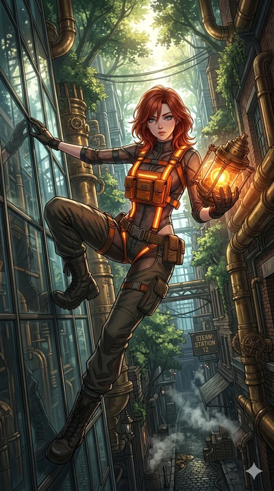 score_9, masterpiece, best quality, ultra-detailed, Set A: High-budget Anime Keyframe, Japanese woman. Low angle cowboy shot filling the entire 9:16 frame with her statuesque presence. Theme: Primal Nature. sliding down a glass skyscraper in a steamp