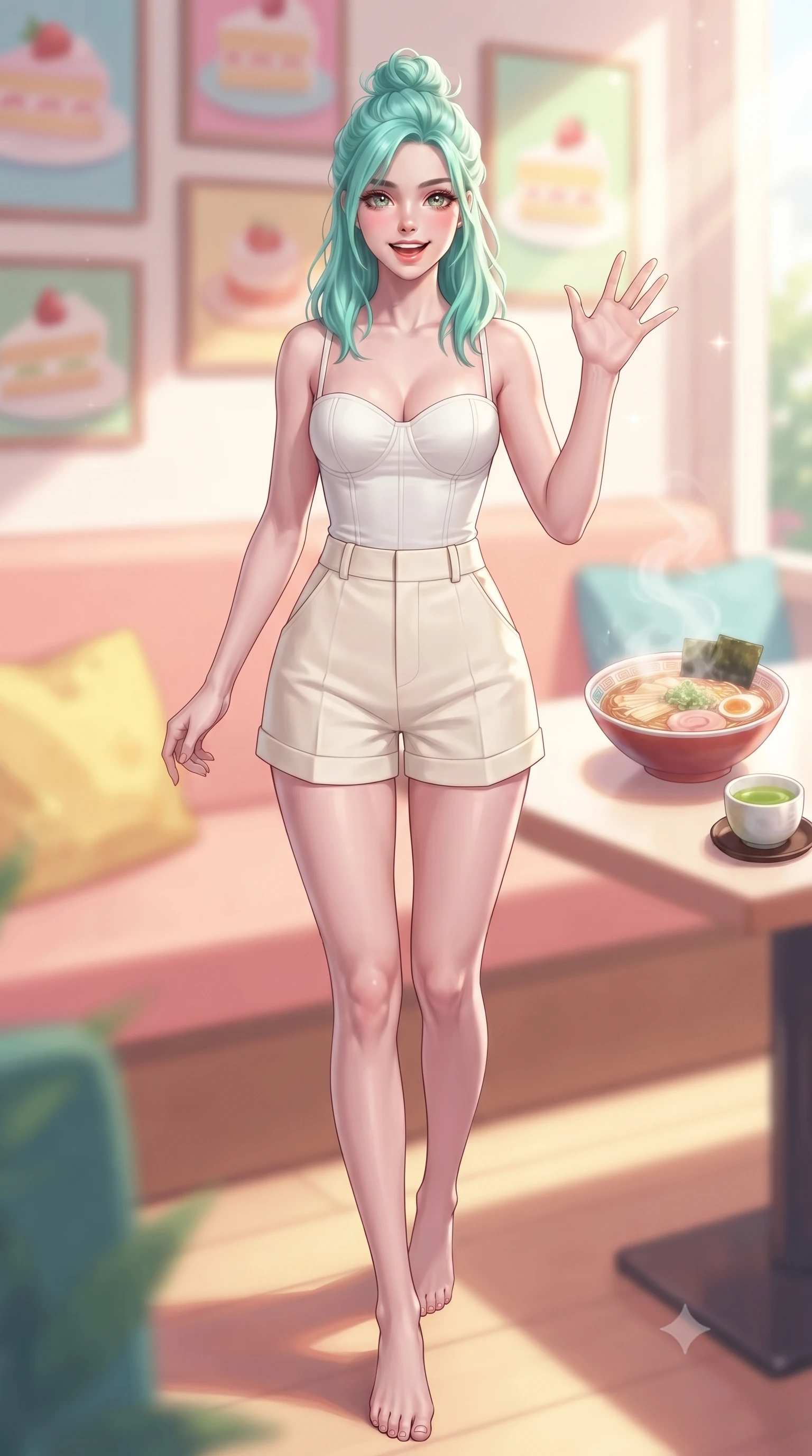 score_9, masterpiece, best quality, ultra-detailed, high-budget anime keyframe, editorial fashion photography, tasteful artistic composition, Japanese woman. low angle full-body shot from head to toe showing her feet, filling the entire 9:16 vertical frame with her statuesque presence, stretching her vertical silhouette. stepping forward with a bright, cheerful smile, waving happily at the viewer set against a soft-focus background of in a cozy dessert cafe corner decorated with colorful cake paintings with a steaming bowl of ramen and a small cup of hot green tea nearby. She has an absolutely perfect, statuesque 8.5-heads proportion, an exceptionally tall and slender model-like female figure with impossibly long slender legs and an ultra-slim waist. sharp v-shaped jawline, high-bridge nose, intricate jewel-like eyes with depth, thick eyelashes, glossy lips with a natural sheen. wearing slim-fit tailored cotton bustier top paired with high-waist tailored shorts. crisp morning sun rays creating a fresh and energetic breakfast atmosphere. ultra-reflective glossy finish, specular highlights, metallic sheen, high-contrast stereoscopic depth, volumetric dynamic lighting, 2k, ultra detail, master piece, 9:16 ratio