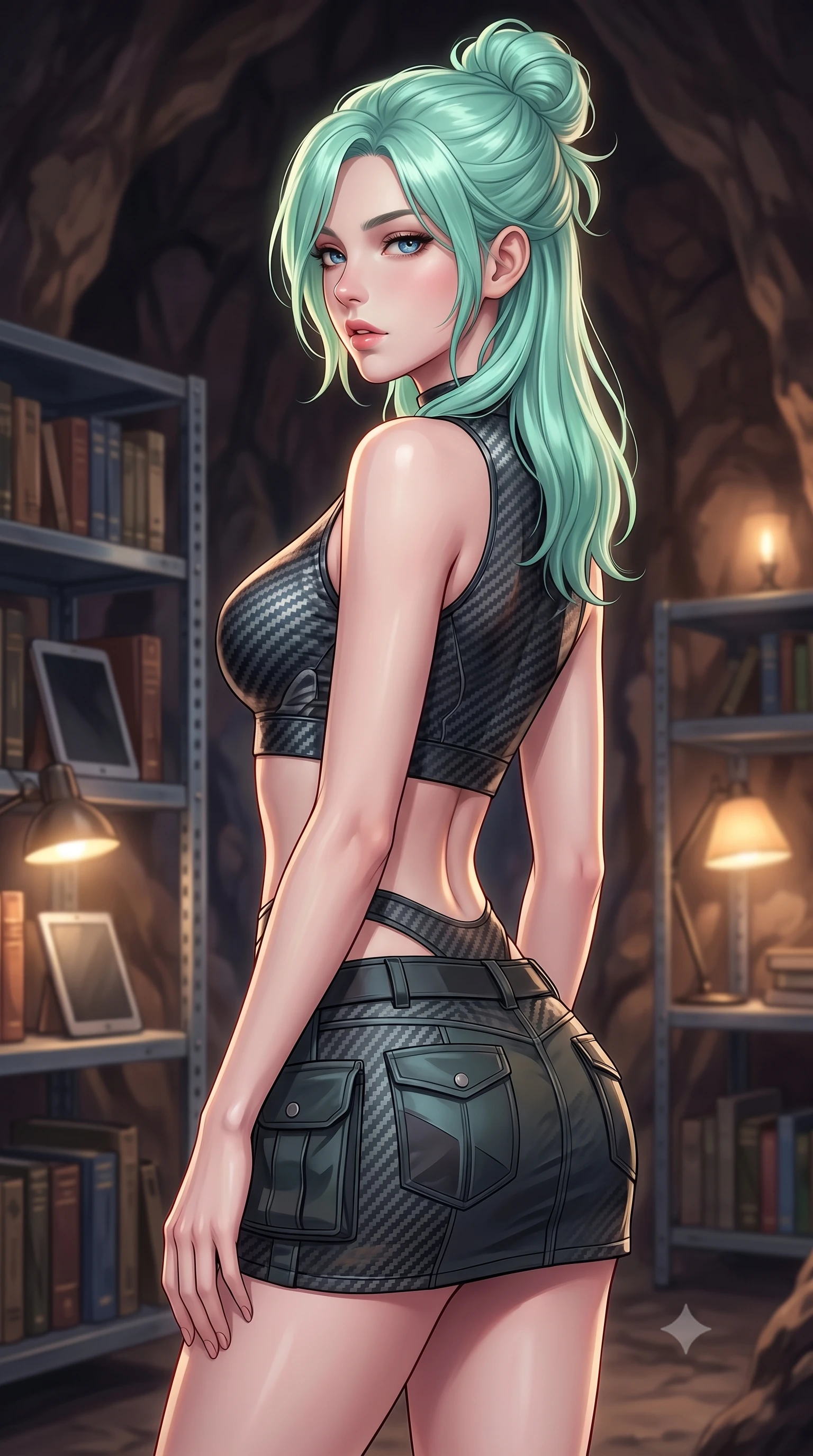 score_9, masterpiece, best quality, ultra-detailed, high-budget anime keyframe, editorial fashion photography, tasteful artistic composition, Japanese woman. close-up cowboy shot from the waist and thighs up, the character dominates the composition, filling the frame with her large presence, background elements kept in soft focus. turning her face in profile to look over her shoulder, casting a smoldering side gaze with lips slightly parted, the background shows a soft-focus a cave library with metal shelves, manuals, and tablets. She has an exceptionally elegant, slender, and willowy female figure with an ultra-slim waist, a gracefully sculpted slender torso, and a refined silhouette. sharp v-shaped jawline, high-bridge nose, intricate jewel-like eyes with depth, thick eyelashes, glossy lips with a natural sheen. wearing a body-hugging modern carbon-alloy crop top paired with a low-rise tactical skirt and a subtle waist cut-out. soft warm reading lights creating a quiet, focused, and meditative mood. highly saturated vibrant anime colors, detailed shading with soft gradients, rich glossy textures, high-contrast stereoscopic depth, volumetric dynamic lighting, master piece, 9:16 ratio