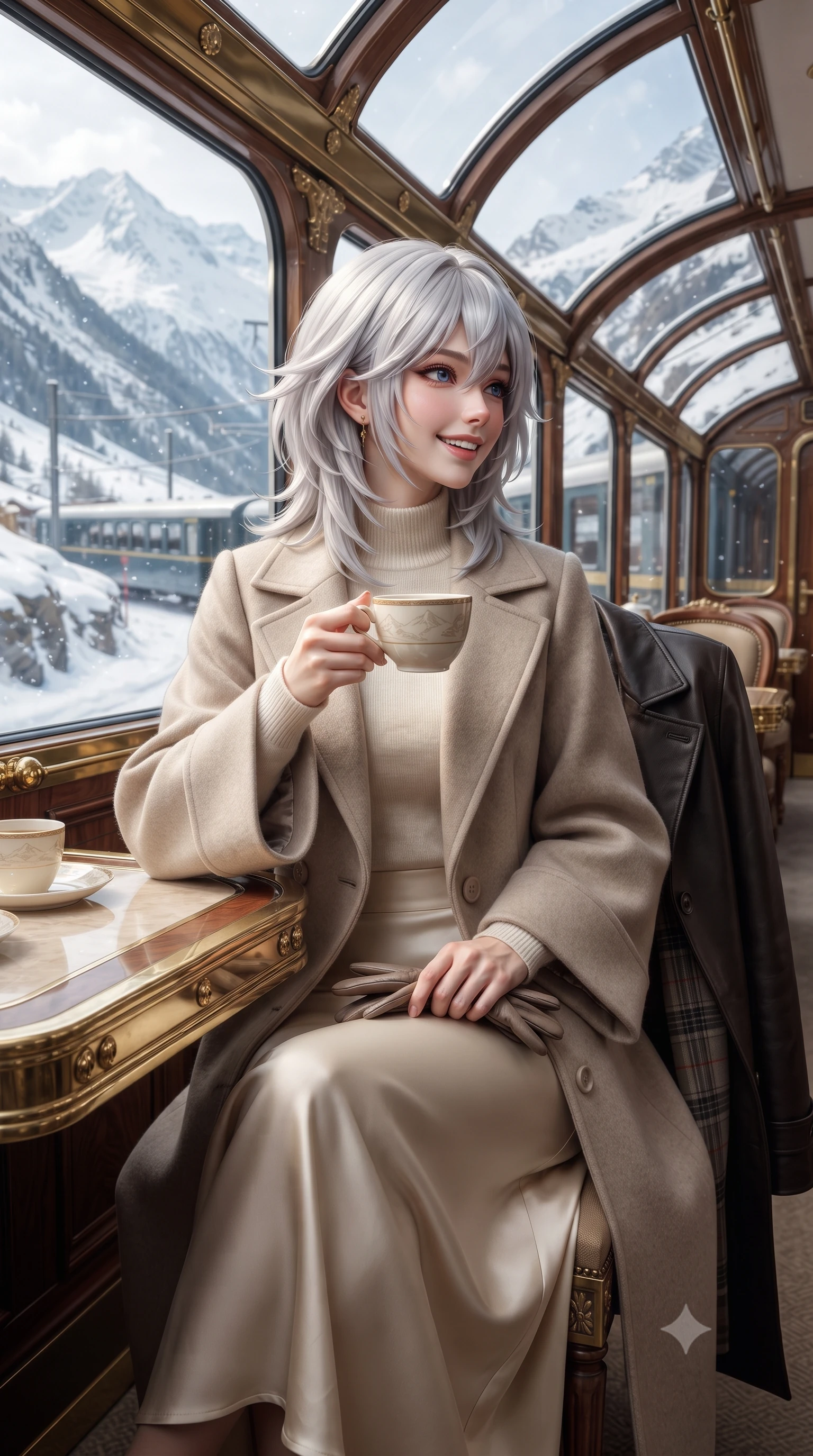 score_9, masterpiece, best quality, ultra-detailed, high-budget anime keyframe, editorial fashion photography, tasteful artistic composition, Japanese woman. close-up cowboy shot from the waist and thighs up, the character dominates the composition, filling the frame with her large presence. holding a warm porcelain cup in both hands while tilting her head with an enchanting, beaming smile while sitting poised at the brass-trimmed wood dining table beneath the curved glass ceiling, watching snow canyons sweep past with an enchanted smile. The surrounding environment is rendered in vivid detail and crisp panoramic clarity: detailed wool cape coat drape, leather gloves held in hand, and Swiss heritage rail engineering in razor-sharp precision. She has an exceptionally elegant, slender, and willowy female figure with an ultra-slim waist, flat toned midriff, narrow ribcage, and sculpted feminine hips creating an alluring, slim hourglass silhouette without bulk. sharp v-shaped jawline, high-bridge nose, intricate jewel-like sparkling eyes with depth, thick eyelashes, glossy parted lips with a natural peach sheen, bright cheerful beaming smile with an enchanting and coquettish sensual glint, exuding both youthful cute charm and seductive allure, flawlessly proportioned anatomical accuracy, strict slender model proportions, natural body alignment, perfectly sculpted long slender limbs, ultra-slim waistline, clean dynamic posture without body distortion. wearing an elegant tailored wool trench with kimono-inspired wide sleeves worn over an ivory mock-neck sweater and long skirt in soft champagne ivory and warm biscuit beige, made of crisp Egyptian cotton poplin with pristine tailored pressing, featuring delicate tonal horn buttons and meticulous hand-stitched pick-lapel borders, the streamlined silhouette following her natural slender proportions with sophisticated poise, enhancing her tall willowy presence. bathed in dynamic shifting daylight filtering through curved glass roof panels as the train glides through alpine mountain passes. ultra-reflective glossy finish, specular highlights, rich textural contrasts, high-contrast stereoscopic depth, volumetric dynamic lighting, 2k, ultra detail, master piece, 9:16 ratio