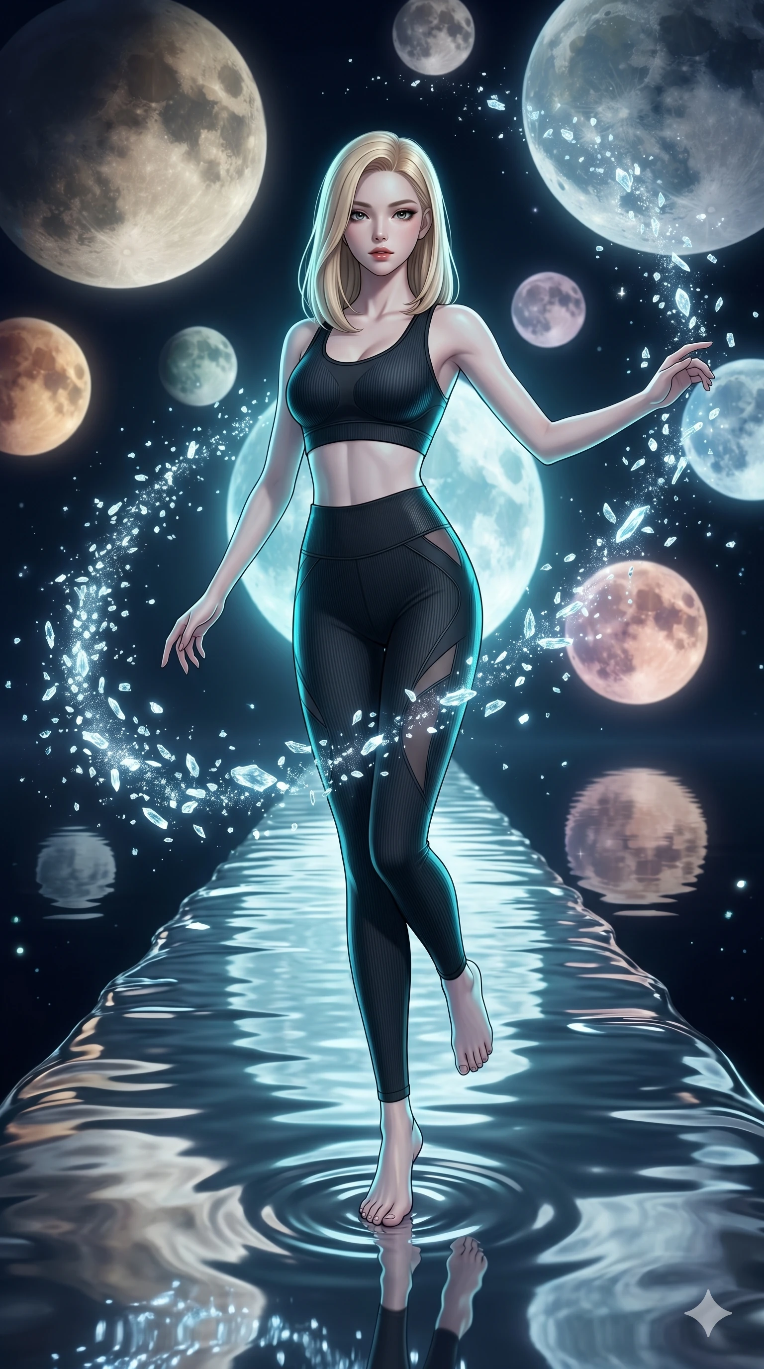 score_9, masterpiece, best quality, ultra-detailed, high-budget anime keyframe, editorial fashion photography, tasteful artistic composition, Korean woman. low angle full-body shot from head to toe showing her feet, filling the entire 9:16 vertical frame with her statuesque presence, stretching her vertical silhouette. balancing carefully on on a runway of liquid mercury reflecting a sky filled with multiple moons while delicate glowing ice crystals scatter in a glittering vortex. She has an absolutely perfect 8-heads proportion, an exceptionally tall and slender female figure with impossibly long slender legs and an ultra-slim waist. V-shaped jawline, high-bridge nose, intricate jewel-like eyes with depth, thick eyelashes, glossy lips with a natural sheen.. wearing a sleek ribbed-knit athleisure set, featuring sculpted matte black athletic top and high-waist leggings with tonal geometric cutout accents at the sides. lit by a cool cybernetic cyan glow that highlights the contours of her slender form. 2k, ultra detail, master piece, 9:16 ratio