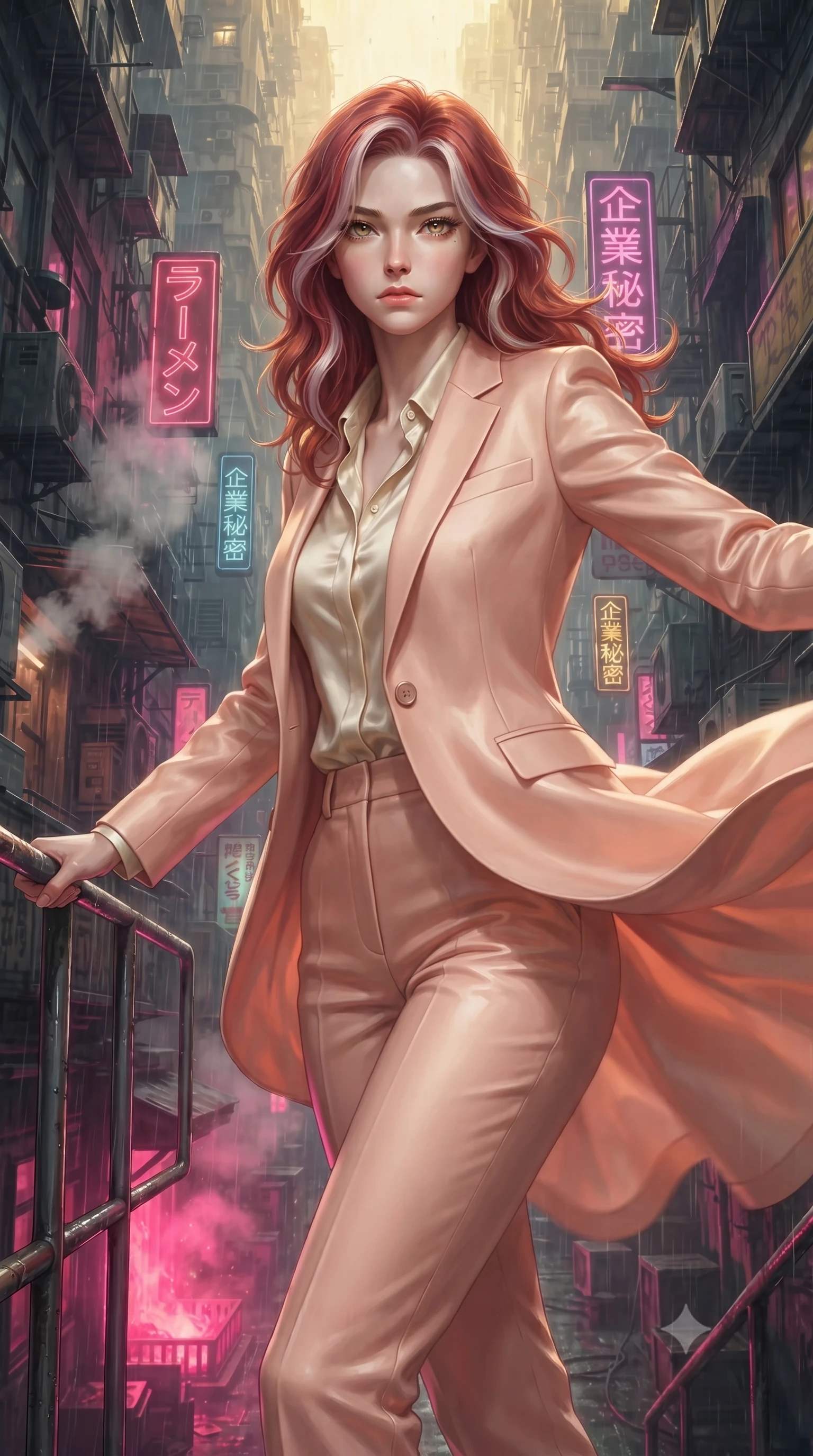 score_9, masterpiece, best quality, ultra-detailed, high-budget anime keyframe, editorial fashion photography, tasteful artistic composition, realistic cosplay photography, Caucasian woman, strictly human ears. close-up cowboy shot from the waist and thighs up, the character dominates the composition, filling the frame with her large presence, background elements kept in soft focus. Bracing against the hull decompression wind, her expression resolute and hand gripping a metal safety rail. set against a soft-focus background of a narrow, rain-slicked cyberpunk alleyway dense with decaying skyscrapers, crowded with flickering neon signs in Japanese letters and rising steam from sewer vents. She has an exceptionally elegant and slender, willowy female figure with an ultra-slim waist, a gracefully sculpted slender torso, and a refined slim physique. sharp v-shaped jawline, high-bridge nose, intricate jewel-like eyes with depth, thick eyelashes, glossy lips with a natural sheen. wearing the lightweight fabric rippling and billowing dramatically with her movement, a form-contouring tailored pastel peach pantsuit with a single button, worn over a cream silk blouse. dramatic contrast of hot pink furnace glow from below and cool golden light from above. ultra-reflective glossy finish, specular highlights, metallic sheen, high-contrast stereoscopic depth, volumetric dynamic lighting, 2k, ultra detail, master piece, 9:16 ratio