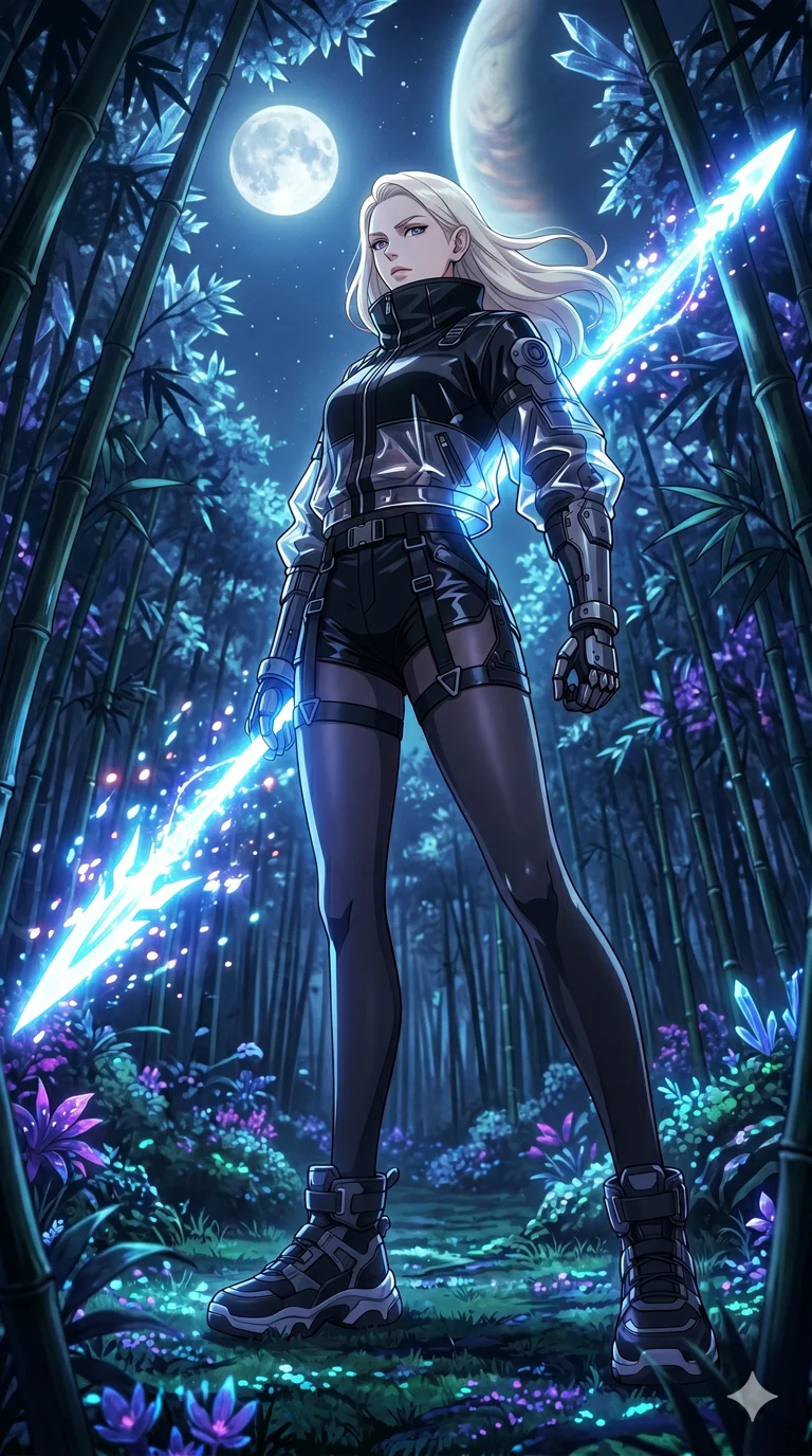 score_9, masterpiece, best quality, ultra-detailed, High-budget Anime Keyframe, vibrant colors, fluid line-art, expressive lighting, cinematic composition, Ufotable-style visual effects, top-tier animation quality, Caucasian woman with pale skin, blonde hair, and (strictly human ears). Dramatic low angle looking up at her majestic stature, dominating the vertical space of the composition. Training with a spear made of pure concentrated energy under the silver light of a full moon in a bamboo forest. She has an absolutely perfect 8-heads proportion, an exceptionally tall and slender female figure with impossibly long slender legs and an ultra-slim waist, her statuesque height and towering silhouette dominating the vertical 9:16 frame. Her face is a masterpiece featuring a sharp v-shaped jawline, high-bridge nose, intricate jewel-like eyes with depth, thick eyelashes, and glossy lips with a natural sheen. She is wearing a Cyber-augmented streetwear featuring mechanical arm parts and a micro-shorts/harness combo crafted from Transparent PVC with a high-gloss finish that reveals the intricate layers beneath, with sheer fabric transparency over her delicate curves and a high-cut silhouette. The scene is set in a mysterious alien planet with bioluminescent purple flora and a giant ringed planet in the sky, illuminated by ethereal moonlight filtering through a crystalline canopy, creating soft highlights. 2k, ultra detail, master piece, 9:16 ratio