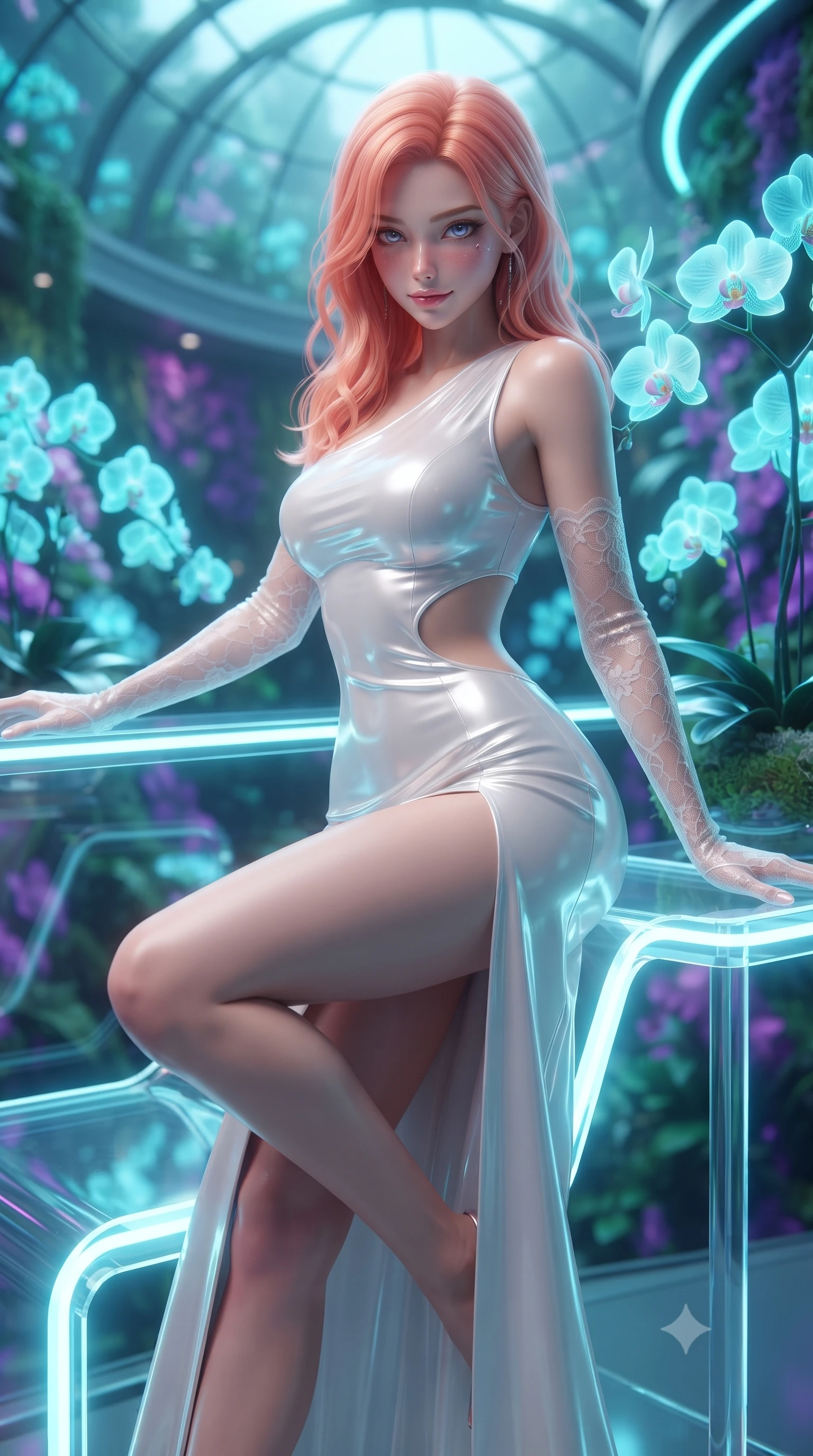 score_9, masterpiece, best quality, ultra-detailed, high-budget anime keyframe, editorial fashion photography, tasteful artistic composition, Japanese woman. close-up cowboy shot from the waist and thighs up, the character dominates the composition, filling the frame with her large presence. perched sideways on the lounge seat, one knee drawn up to showcase her slender leg line while her arched back accentuates her feminine hip curve while leaning against the illuminated acrylic balustrade with hips cocked back, looking through glowing genetically-engineered orchids with a smoldering smile. The background shows a soft-focus glowing neon-cyan orchids, pulsating ultraviolet moss walls, and soaring curved glass dome above blurred into teal, amethyst, and platinum bokeh. She has an exceptionally elegant, slender, and willowy female figure with an ultra-slim waist, flat toned midriff, narrow ribcage, and sculpted feminine hips creating an alluring, slim hourglass silhouette without bulk. sharp v-shaped jawline, high-bridge nose, sparkling eyes with hypnotic seductive depth, thick curled eyelashes, glossy parted lips with a natural dewy peach sheen, alluring bedroom-eyes with an enchanting coquettish smile, exuding magnetic siren charisma and sophisticated glamour, flawlessly proportioned anatomical accuracy, strict slender model proportions, natural body alignment, perfectly sculpted long slender limbs, ultra-slim waistline, clean dynamic posture without body distortion. wearing an asymmetric one-shoulder liquid jersey gown with dramatic hip-high slit and sculptural waist cutout in pure pearl alabaster with platinum sheen, crafted from wet-look high-gloss vinyl fabric with dazzling specular surface reflections, complemented by sheer opera-length lace evening gloves tracing her slender arms, the second-skin tailored fabric adhering flawlessly to her sculpted flat midriff and slender torso, emphasizing her long leg lines and perfectly proportioned willowy build. illuminated by acrylic catwalk reflection fill and sharp electric-cyan rim lights defining her delicate clavicles, ultra-slim waist, and curvy hips. ultra-reflective glossy finish, specular highlights, rich textural contrasts, high-contrast stereoscopic depth, volumetric dynamic lighting, 2k, ultra detail, master piece, 9:16 ratio