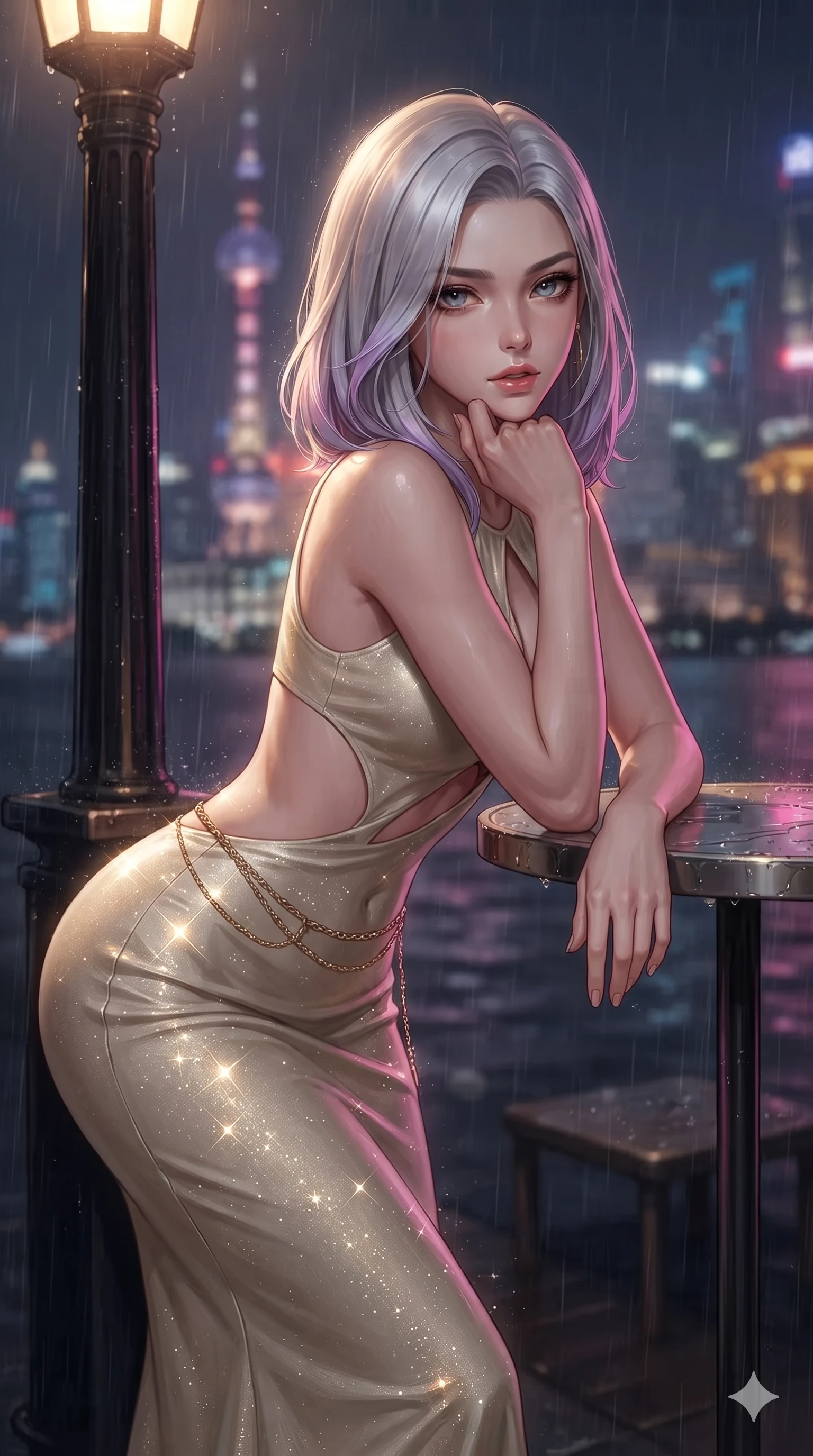 score_9, masterpiece, best quality, ultra-detailed, high-budget anime keyframe, editorial fashion photography, tasteful artistic composition, Caucasian woman. close-up cowboy shot from the waist and thighs up, the character dominates the composition, filling the frame with her large presence. resting one elbow on the table and supporting her chin, leaning close to the camera with heavy-lidded sparkling eyes and parted lips while leaning against the illuminated esplanade lamp post with hips cocked back, looking through rain-streaked air with heavy-lidded seductive eyes. The background shows a soft-focus rain-slicked urban night atmosphere softened in Shanghai riverside promenade shallow focus. She has an exceptionally elegant, slender, and willowy female figure with an ultra-slim waist, flat toned midriff, narrow ribcage, and sculpted feminine hips creating an alluring, slim hourglass silhouette without bulk. sharp v-shaped jawline, high-bridge nose, intricate jewel-like sparkling eyes with depth, thick eyelashes, glossy parted lips with a natural sheen, intensely captivating and seductive bedroom-eyes expression, exuding both youthful cute charm and sovereign luxury allure, flawlessly proportioned anatomical accuracy, strict slender model proportions, natural body alignment, perfectly sculpted long slender limbs, ultra-slim waistline, clean dynamic posture without body distortion. wearing a sculptured liquid-satin mermaid gown with an architectural open-waist cutout and bare spine in Istrian stone cream and antique gold-leaf, woven from stretch metallic lurex jersey casting radiant starlight glints across her curves, accented with a delicate gold chain belt resting loosely on her curvy hips, the liquid-tight tailored fabric clinging flawlessly to her narrow waist and rounded feminine hips, emphasizing every millimeter of her sculpted slim hourglass curves without any bulky heaviness. illuminated by rain puddle bounce and sharp scarlet-violet rim lights sculpting her razor-sharp jawline, narrow waist, and curvy hips. ultra-reflective glossy finish, specular highlights, rich textural contrasts, high-contrast stereoscopic depth, volumetric dynamic lighting, 2k, ultra detail, master piece, 9:16 ratio