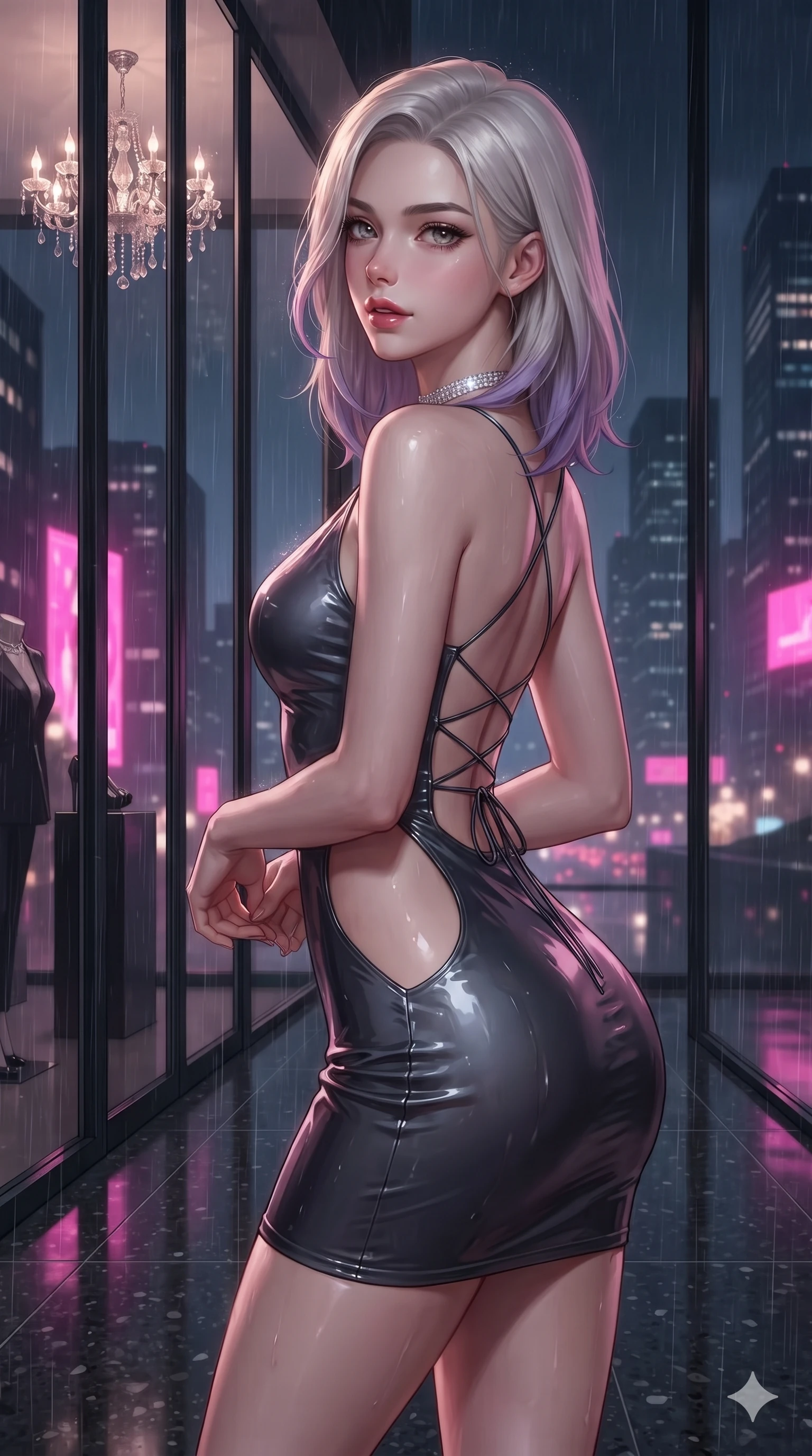 score_9, masterpiece, best quality, ultra-detailed, high-budget anime keyframe, editorial fashion photography, tasteful artistic composition, Caucasian woman. close-up cowboy shot from the waist and thighs up, the character dominates the composition, filling the frame with her large presence. pausing beside an illuminated luxury boutique window with hips cocked back, glancing back with an enchanting, dangerous smile through falling rain while twisting her slender torso in an alluring S-curve beside the sleek cocktail perch, midnight city lights reflecting off her flat midriff and hips. The surrounding environment is rendered in vivid detail and crisp panoramic clarity: sharp floor-to-ceiling glass mullions, polished dark terrazzo floor reflections, and crisp distant skyscrapers in deep focus. She has an exceptionally elegant, slender, and willowy female figure with an ultra-slim waist, flat toned midriff, narrow ribcage, and sculpted feminine hips creating an alluring, slim hourglass silhouette without bulk. sharp v-shaped jawline, high-bridge nose, intricate jewel-like dark sparkling eyes with dangerous depth, thick curled eyelashes, glossy parted lips with a rich wine sheen, smoldering seductive half-smile with bedroom-eyes, exuding effortless superiority and intoxicating dark allure, flawlessly proportioned anatomical accuracy, strict slender model proportions, natural body alignment, perfectly sculpted long slender limbs, ultra-slim waistline, clean dynamic posture without body distortion. wearing a liquid-look wet vinyl micro-mini dress clinging like a second skin with hip-high side cutouts in wet asphalt charcoal and neon magenta reflections, featuring fine criss-cross satin back lacing tracing her slender spine, finished with a delicate diamond choker catching the chandelier light, the glove-like silhouette tightly following the natural contour of her hips and long slender legs with youthful 8.5-heads elegance. bathed in the romantic, dim ambient lounge lighting punctuated by subtle cocktail table candlelight. ultra-reflective glossy finish, specular highlights, rich textural contrasts, high-contrast stereoscopic depth, volumetric dynamic lighting, 2k, ultra detail, master piece, 9:16 ratio