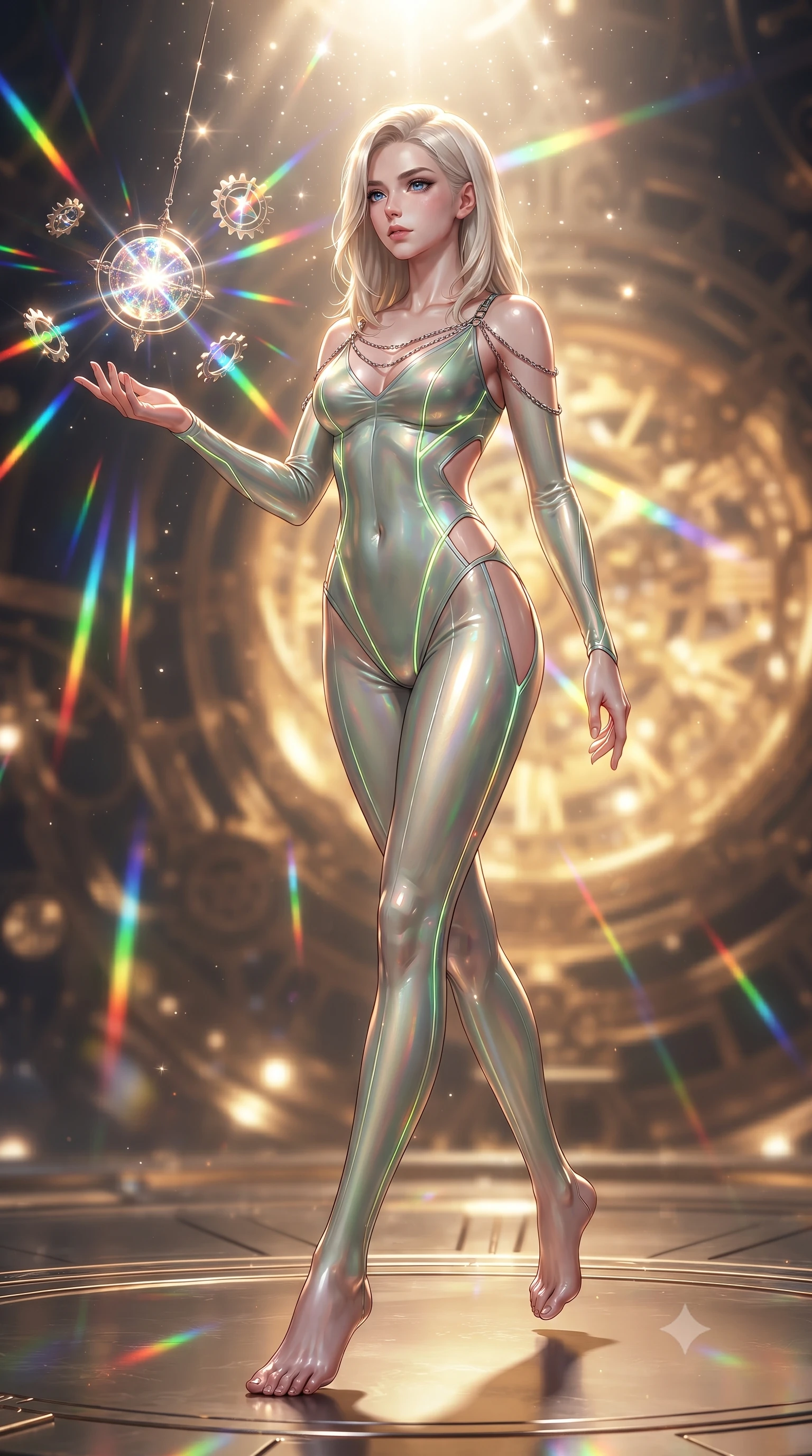 score_9, masterpiece, best quality, ultra-detailed, high-budget anime keyframe, editorial fashion photography, tasteful artistic composition, Caucasian woman. low angle full-body shot from head to toe showing her feet, filling the entire 9:16 vertical frame with her statuesque presence, stretching her vertical silhouette. stepping forward in a proud dynamic stride, her vertical silhouette filling the frame with statuesque presence while reaching her arm forward to intercept a floating planetary pendulum catching starlight, floating prism gears scattering brilliant rainbow light beams across her statuesque build. She has an absolutely perfect, statuesque 8.5-heads proportion, an exceptionally tall and slender model-like female figure with impossibly long slender legs and an ultra-slim waist. sharp v-shaped jawline, high-bridge nose, intricate jewel-like eyes with depth, thick eyelashes, glossy lips with a natural sheen, flawlessly proportioned anatomical accuracy, natural body alignment, perfectly sculpted elegant limbs, clean dynamic posture without body distortion. wearing a skin-tight cybernetic bodysuit with glowing neon seams and side cutouts in sage green and oatmeal, crafted from iridescent chiffon that shifts colors in the light, adorned with delicate metallic chain straps along the neckline, the tailored fabric tightly following every curve of her athletic build. bathed in brilliant starlight and warm golden inner glow from the clockwork citadel. ultra-reflective glossy finish, specular highlights, metallic sheen, high-contrast stereoscopic depth, volumetric dynamic lighting, 2k, ultra detail, master piece, 9:16 ratio