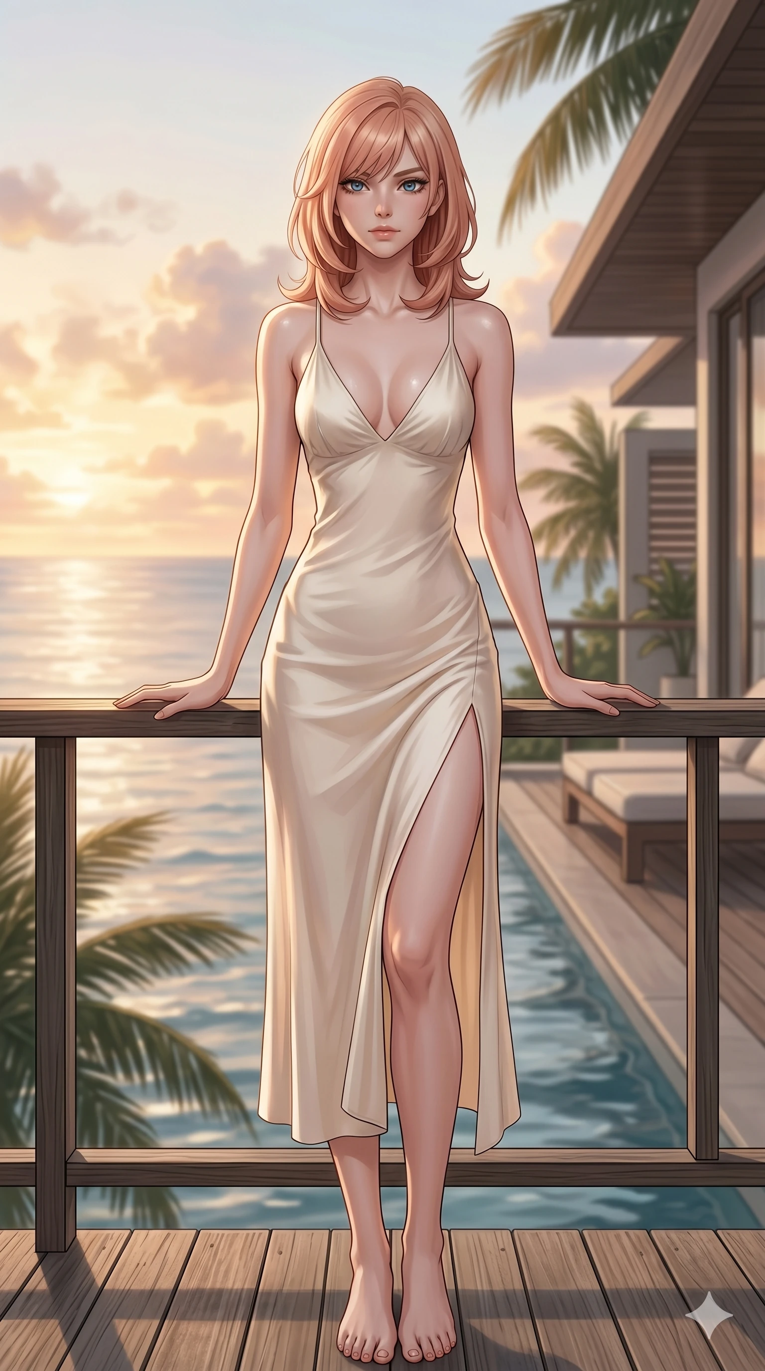 score_9, masterpiece, best quality, ultra-detailed, high-budget anime keyframe, editorial fashion photography, tasteful artistic composition, Japanese woman. cowboy shot from the thighs up, character and outfit filling the frame for maximum editorial presence. resting her hands on the deck railing, looking past the camera with serene self-assurance on a private teak deck of a luxury beach villa at dawn (Code-P16-059). She has an absolutely perfect 8-heads proportion, an exceptionally tall and slender female figure with impossibly long slender legs and an ultra-slim waist. V-shaped jawline, high-bridge nose, intricate jewel-like eyes with depth, thick eyelashes, glossy lips with a natural sheen. wearing a light cream silk slip dress with a plunging V-neckline and a high side slit. drenched in soft morning sunshine, tracing her bare shoulders and clavicle lines. 2k, ultra detail, master piece, 9:16 ratio