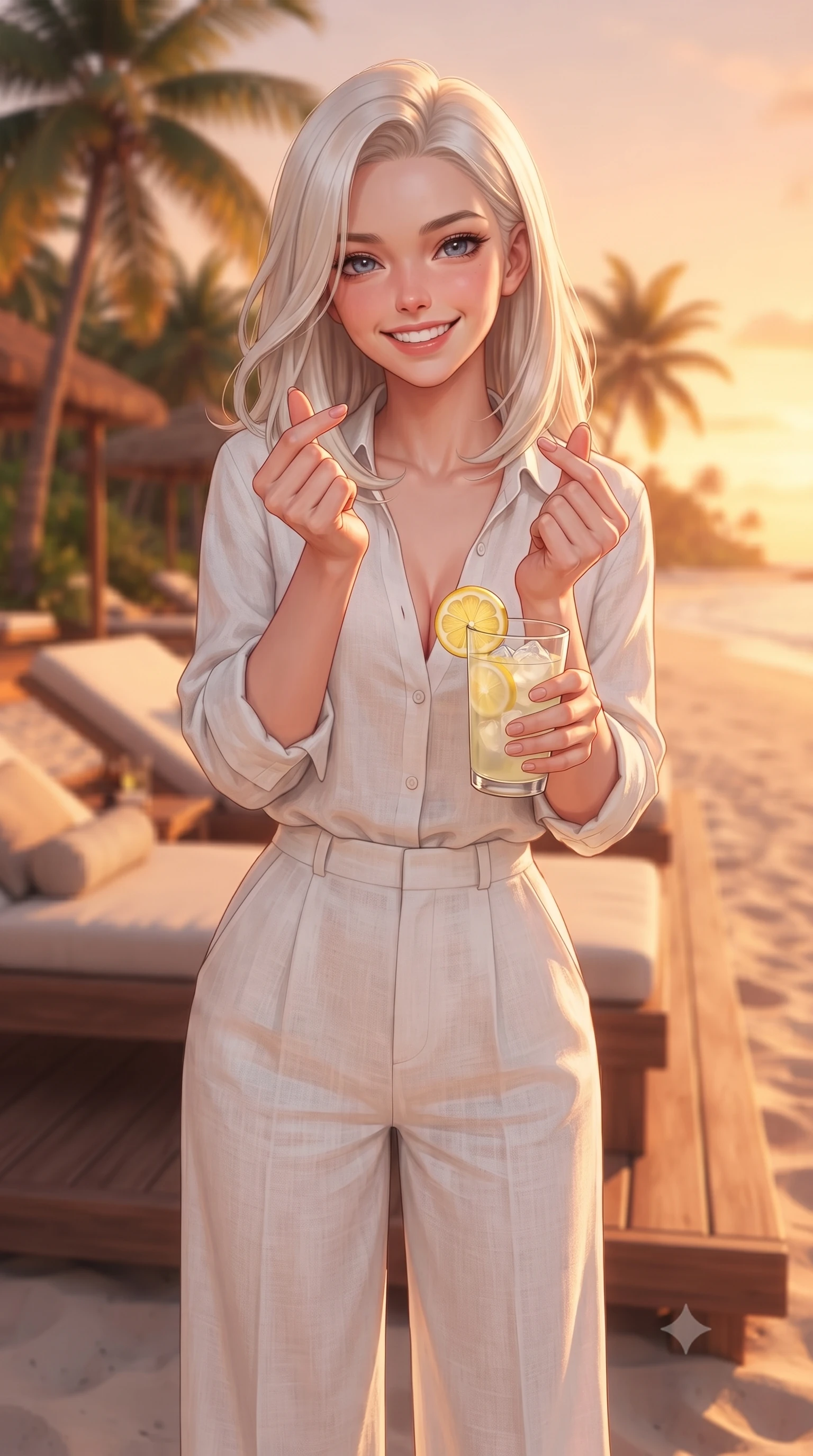 score_9, masterpiece, best quality, ultra-detailed, high-budget anime keyframe, editorial fashion photography, tasteful artistic composition, Caucasian woman. close-up cowboy shot from the waist and thighs up, the character dominates the composition, filling the frame with her large presence, background elements kept in soft focus. flashing a bright, sunny grin, holding her fingers in a cute small heart shape set against a soft-focus background of on a wooden sunbed deck built directly on the sandy beach under palms holding a glass of iced lemonade with a slice of fresh lemon. She has an exceptionally elegant, slender, and willowy female figure with an ultra-slim waist, a gracefully sculpted slender torso, and a refined silhouette. sharp v-shaped jawline, high-bridge nose, intricate jewel-like eyes with depth, thick eyelashes, glossy lips with a natural sheen. wearing form-contouring casual resort wear linen shirt in white, paired with wide-leg linen pants. golden hour sunset casting a warm, romantic orange wash over the beach. highly saturated vibrant anime colors, detailed shading with soft gradients, rich glossy textures, high-contrast stereoscopic depth, volumetric dynamic lighting, master piece, 9:16 ratio