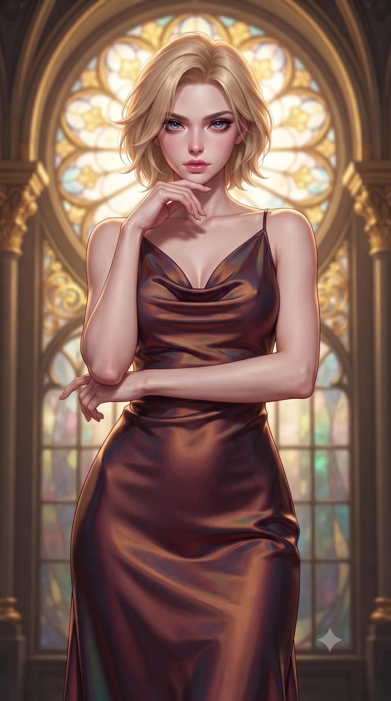 score_9, masterpiece, best quality, ultra-detailed, high-budget anime keyframe, editorial fashion photography, tasteful artistic composition, Caucasian woman. close-up cowboy shot from the waist and thighs up, the character dominates the composition, filling the frame with her large presence, background elements kept in soft focus. Resting her chin on the backs of her fingers, casting a sharp, mysterious gaze standing before a monumental Art Nouveau stained glass rose window, golden filigree details on the architecture shining with brilliant luster. She has an exceptionally elegant, slender, and willowy female figure with an ultra-slim waist, a gracefully sculpted slender torso, and a refined silhouette. sharp v-shaped jawline, high-bridge nose, intricate jewel-like eyes with depth, thick eyelashes, glossy lips with a natural sheen. wearing an elegant cowl-neck satin midi dress with a draped neckline in deep burgundy and bronze, crafted from iridescent chiffon that shifts colors in the light, accented with a Tasteful chest slit framing her clavicle gracefully, the sleek second-skin texture accentuating her magnetic presence. illuminated by a warm golden key light and brilliant multi-color rim light. highly saturated vibrant anime colors, detailed shading with soft gradients, rich glossy textures, high-contrast stereoscopic depth, volumetric dynamic lighting, master piece, 9:16 ratio