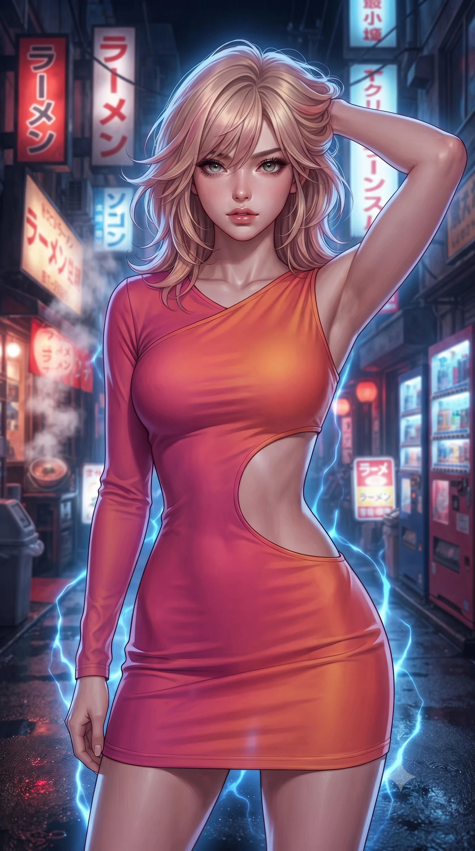 score_9, masterpiece, best quality, ultra-detailed, high-budget anime keyframe, editorial fashion photography, tasteful artistic composition, Japanese woman. close-up cowboy shot from the waist and thighs up, the character dominates the composition, filling the frame with her large presence, background elements kept in soft focus. Placing one hand behind her head with confident body language and a direct stare. set against a soft-focus background of a narrow atmospheric Tokyo alley at night densely packed with glowing signs in Japanese katakana steam rising from ramen shops vending machines casting colored pools of light on wet asphalt. She has an exceptionally elegant and slender, willowy female figure with an ultra-slim waist, a gracefully sculpted slender torso, and a refined slim physique. sharp v-shaped jawline, high-bridge nose, intricate jewel-like eyes with depth, thick eyelashes, glossy lips with a natural sheen. wearing an asymmetric one-sleeve mini dress in a warm fuchsia and orange gradient, with a dramatic side cutout. pulsing electric blue plasma arc lighting rising dramatically from below. 2k, ultra detail, master piece, 9:16 ratio
