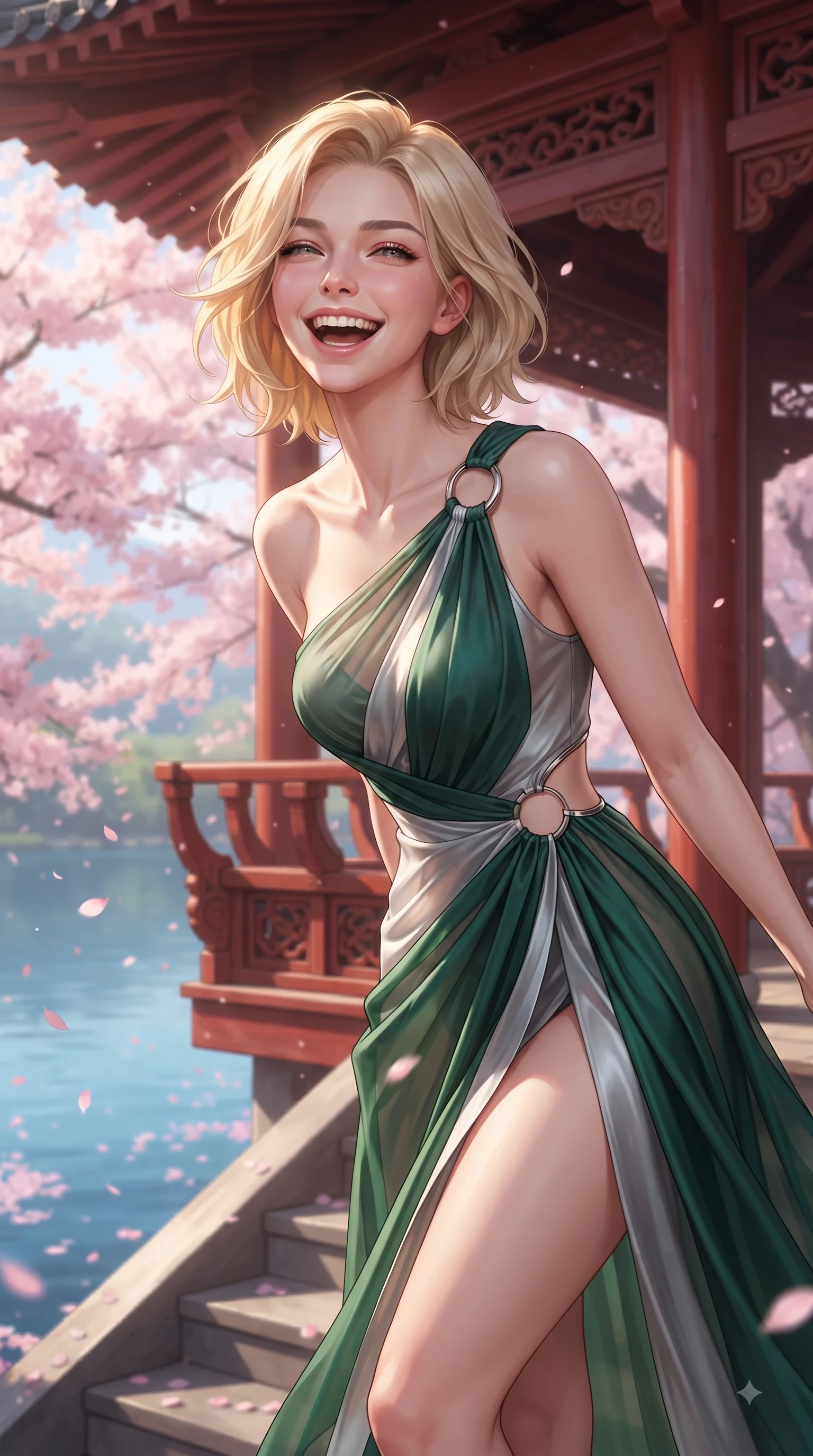 score_9, masterpiece, best quality, ultra-detailed, high-budget anime keyframe, editorial fashion photography, tasteful artistic composition, Caucasian woman. close-up cowboy shot from the waist and thighs up, the character dominates the composition, filling the frame with her large presence, background elements kept in soft focus. Joyful laughing expression filled with genuine happiness and warmth, leaning forward with cheerful energy while pivoting gracefully on the steps of a traditional red wooden pavilion with a warm smile, dense canopies of pink cherry blossoms scattering petals across the clear blue lake. She has an exceptionally elegant, slender, and willowy female figure with an ultra-slim waist, a gracefully sculpted slender torso, and a refined silhouette. sharp v-shaped jawline, high-bridge nose, intricate jewel-like eyes with depth, thick eyelashes, glossy lips with a natural sheen, flawlessly proportioned anatomical accuracy, natural body alignment, perfectly sculpted elegant limbs, clean dynamic posture without body distortion. wearing an asymmetrical Grecian draped chiffon gown with a metallic shoulder ring in deep emerald green and silver accent, woven from fine semi-opaque sheer organza, accented with delicate chrome ring hardware framing her waist, the form-contouring material highlighting her ultra-slim waist and long lines. bathed in bright morning sunbeams and warm golden sakura backlighting. ultra-reflective glossy finish, specular highlights, metallic sheen, high-contrast stereoscopic depth, volumetric dynamic lighting, 2k, ultra detail, master piece, 9:16 ratio