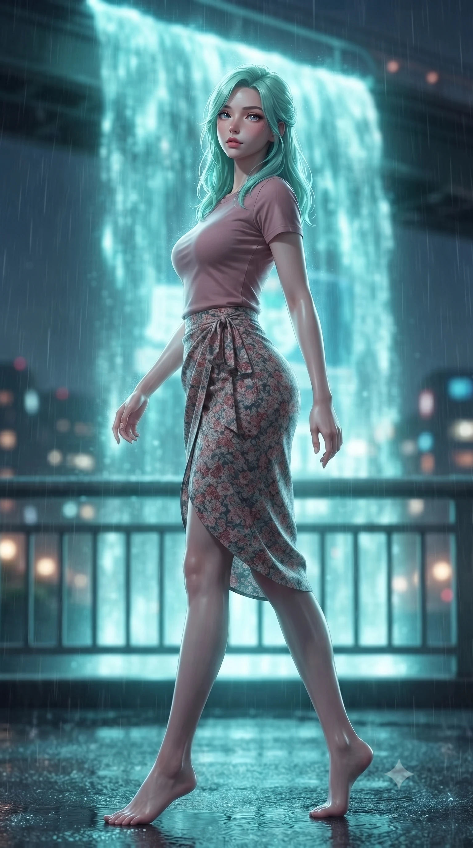 score_9, masterpiece, best quality, ultra-detailed, high-budget anime keyframe, editorial fashion photography, tasteful artistic composition, Japanese woman. low angle full-body shot from head to toe showing her feet, filling the entire 9:16 vertical frame with her statuesque presence, stretching her vertical silhouette. stepping gracefully while looking back over her shoulder, her dress draped tightly to reveal her silhouette the background shows a soft-focus a rain-swept bridge overlook facing a massive holographic waterfall advertisement. She has an absolutely perfect, statuesque 8.5-heads proportion, an exceptionally tall and slender model-like female figure with impossibly long slender legs and an ultra-slim waist. sharp v-shaped jawline, high-bridge nose, intricate jewel-like eyes with depth, thick eyelashes, glossy lips with a natural sheen. wearing a slim-fit simple crewneck t-shirt in dusty pink paired with a floral print wrap skirt. shimmering turquoise light wrapping her silhouette in a cool glowing wash. ultra-reflective glossy finish, specular highlights, metallic sheen, high-contrast stereoscopic depth, volumetric dynamic lighting, 2k, ultra detail, master piece, 9:16 ratio