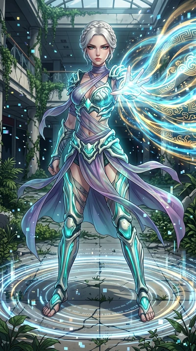 score_9, masterpiece, best quality, ultra-detailed, Set A: High-budget Anime Keyframe, Korean woman. Low angle cowboy shot filling the entire 9:16 frame with her statuesque presence. Theme: Historical Remix. unleashing a massive energy wave in a ruin
