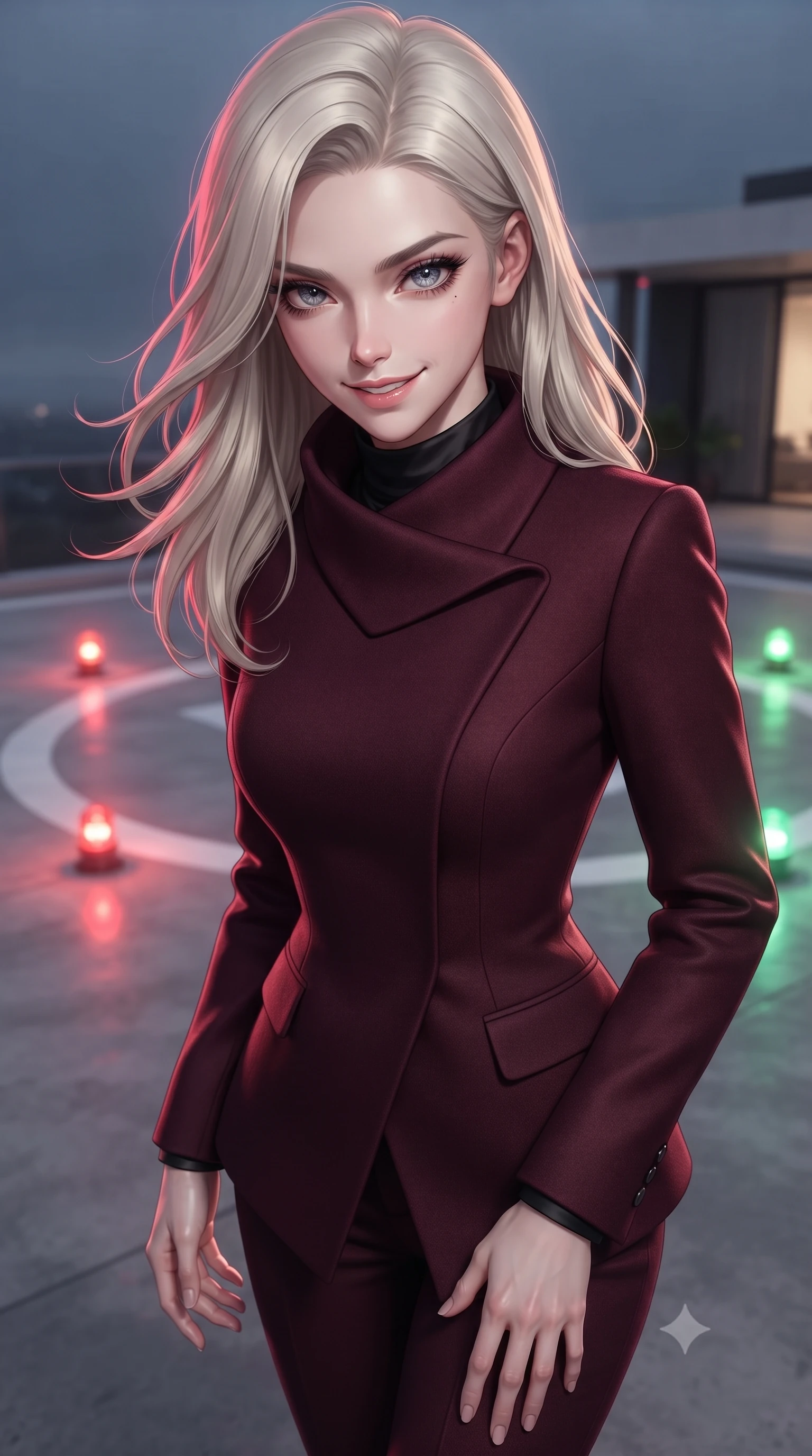 score_9, masterpiece, best quality, ultra-detailed, high-budget anime keyframe, editorial fashion photography, tasteful artistic composition, Caucasian woman. close-up cowboy shot from the waist and thighs up, the character dominates the composition, filling the frame with her large presence, background elements kept in soft focus. leaning slightly forward with a playful, teasing smile, her gaze locked onto the viewer the background shows a soft-focus a concrete helipad circle with blinking signal lights on top of a modern villa. She has an exceptionally elegant, slender, and willowy female figure with an ultra-slim waist, a gracefully sculpted slender torso, and a refined silhouette. sharp v-shaped jawline, high-bridge nose, intricate jewel-like eyes with depth, thick eyelashes, glossy lips with a natural sheen. wearing a slim-fit tailored asymmetric jacket in deep burgundy wool with a high wrap collar, over a black silk mock-neck blouse. flashes of red and green beacon lights casting dynamic highlights on her form. ultra-reflective glossy finish, specular highlights, metallic sheen, high-contrast stereoscopic depth, volumetric dynamic lighting, 2k, ultra detail, master piece, 9:16 ratio