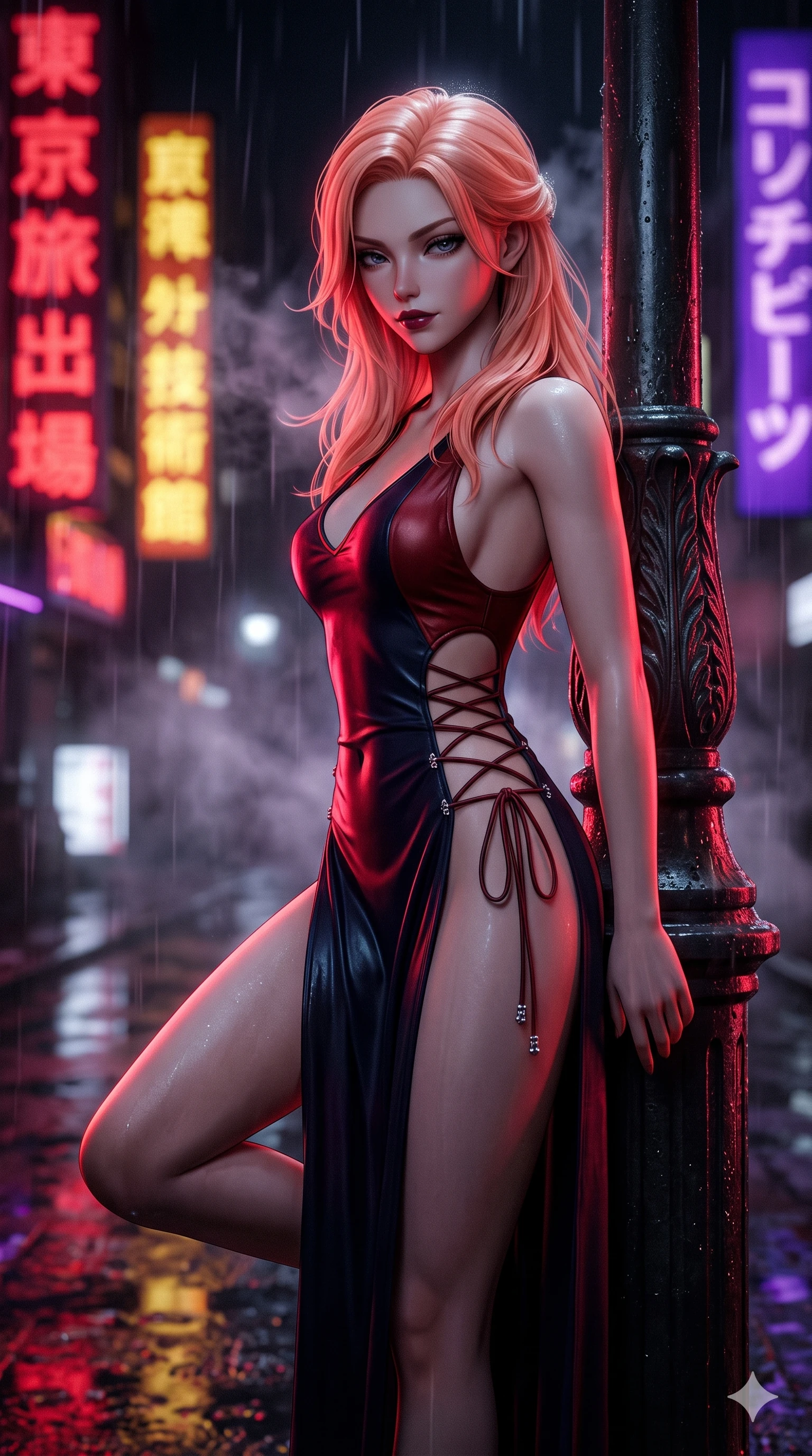 score_9, masterpiece, best quality, ultra-detailed, high-budget anime keyframe, semi-realistic 3D game render, editorial fashion photography, tasteful artistic composition, Japanese woman. close-up cowboy shot from the waist and thighs up, the character dominates the composition, filling the frame with her large presence. leaning against a historic cast-iron lamppost with one knee bent, night mist drifting through her hair as her dark outfit traces her feminine curves while glancing down over lowered lashes before meeting the camera with quiet, devastating intensity, her tailored outfit tracing her ultra-slim waist and hips. The background shows a soft-focus vertical kanji neon signs in deep crimson, gold, and royal purple blurred into dazzling saturated reflections and dreamy rain bokeh. She has an exceptionally elegant, slender, and willowy female figure with an ultra-slim waist, flat toned midriff, narrow ribcage, and sculpted feminine hips creating an alluring, slim hourglass silhouette without bulk. sharp v-shaped jawline, high-bridge nose, intricate jewel-like dark sparkling eyes with dangerous depth, thick curled eyelashes, glossy parted lips with a rich wine sheen, smoldering seductive half-smile with bedroom-eyes, exuding effortless superiority and intoxicating dark allure, flawlessly proportioned anatomical accuracy, strict slender model proportions, natural body alignment, perfectly sculpted long slender limbs, ultra-slim waistline, clean dynamic posture without body distortion. wearing a low-slung cutaway leather bodysuit with bare hip flanks and criss-cross cord ties in Tokyo Tower scarlet crimson and midnight indigo, made of fluid liquid jersey with seamless sculpting hold and smooth contours, finished with an ultra-high side slit secured by miniature jeweled clasps, the glove-like silhouette tightly following the natural contour of her hips and long slender legs with youthful 8.5-heads elegance. illuminated by wet pavement neon puddle bounce and sharp scarlet-magenta rim lights sculpting her razor-sharp jawline, narrow waist, and curvy hips. highly saturated vibrant anime colors, detailed shading with soft gradients, rich glossy textures, high-contrast stereoscopic depth, volumetric dynamic lighting, master piece, 9:16 ratio