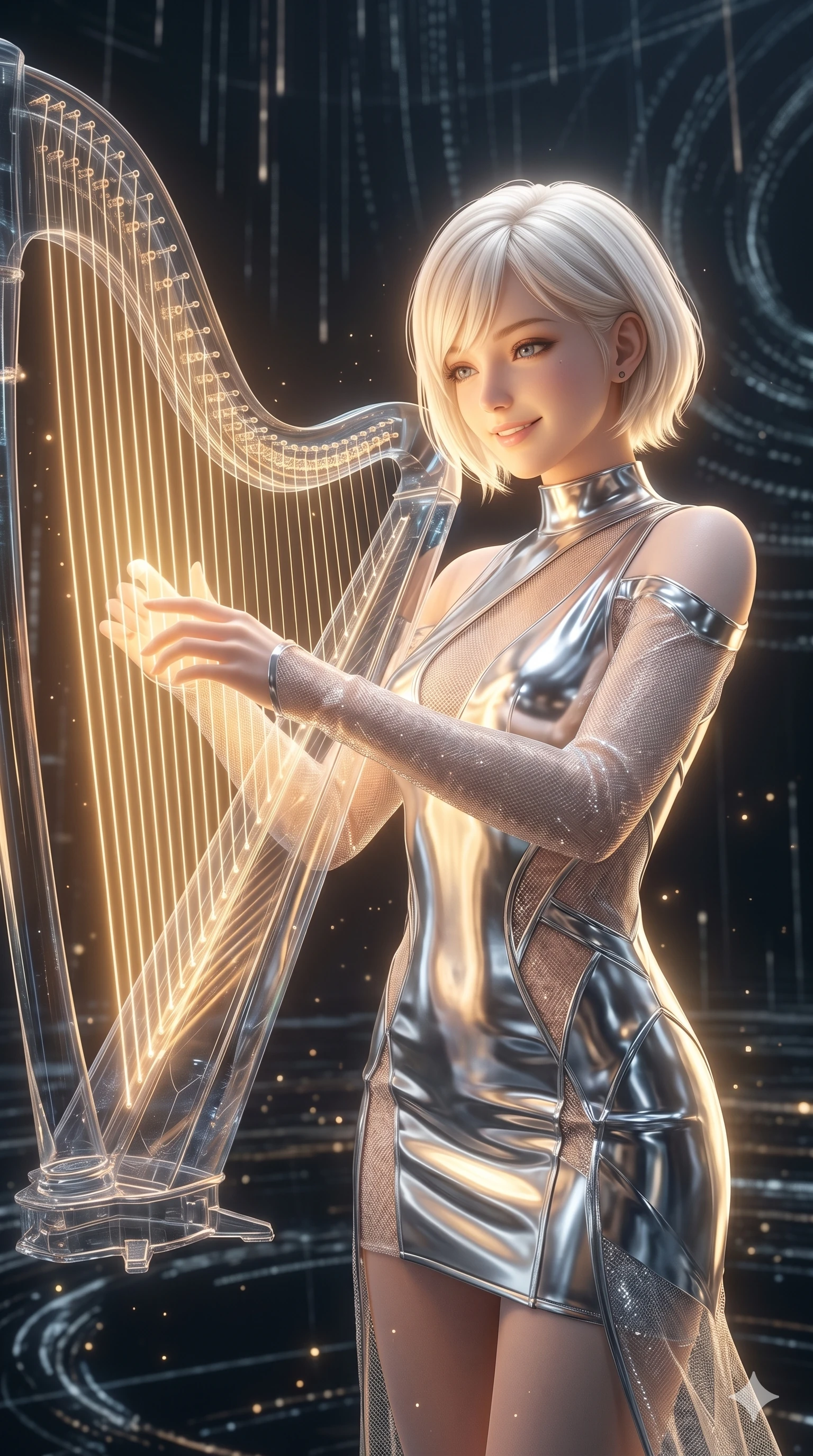 score_9, masterpiece, best quality, ultra-detailed, high-budget anime keyframe, editorial fashion photography, tasteful artistic composition, Caucasian woman, strictly human ears. Upper body close-up from the thighs up, character filling the screen for maximum presence. Inside a digital void, next to a floating holographic harp, playing a chord on the harp with a peaceful, happy expression. She is wearing an asymmetrical dress in liquid-chrome finish and sheer mesh sleeves. The scene is bathed in the soft golden glow of the harp strings. 2k, ultra detail, master piece, 9:16 ratio