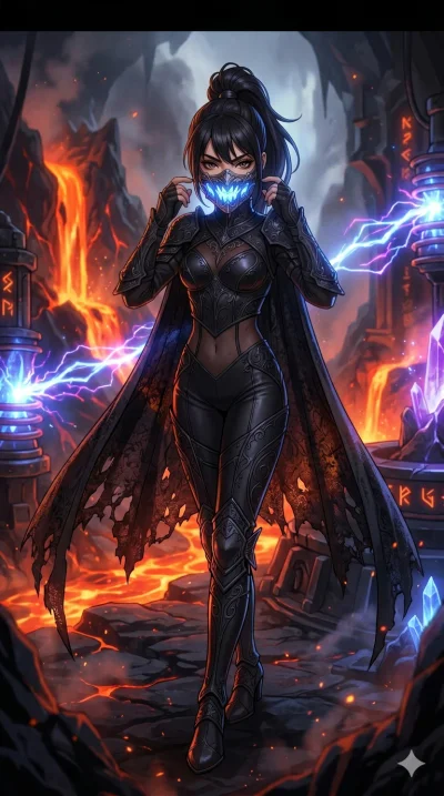 score_9, masterpiece, best quality, ultra-detailed, high-budget anime movie keyframe, cinematic anime lighting, intricate line art, Korean woman. Dynamic full-body shot stretching the vertical silhouette across the 9:16 frame. adjusting a glowing mas
